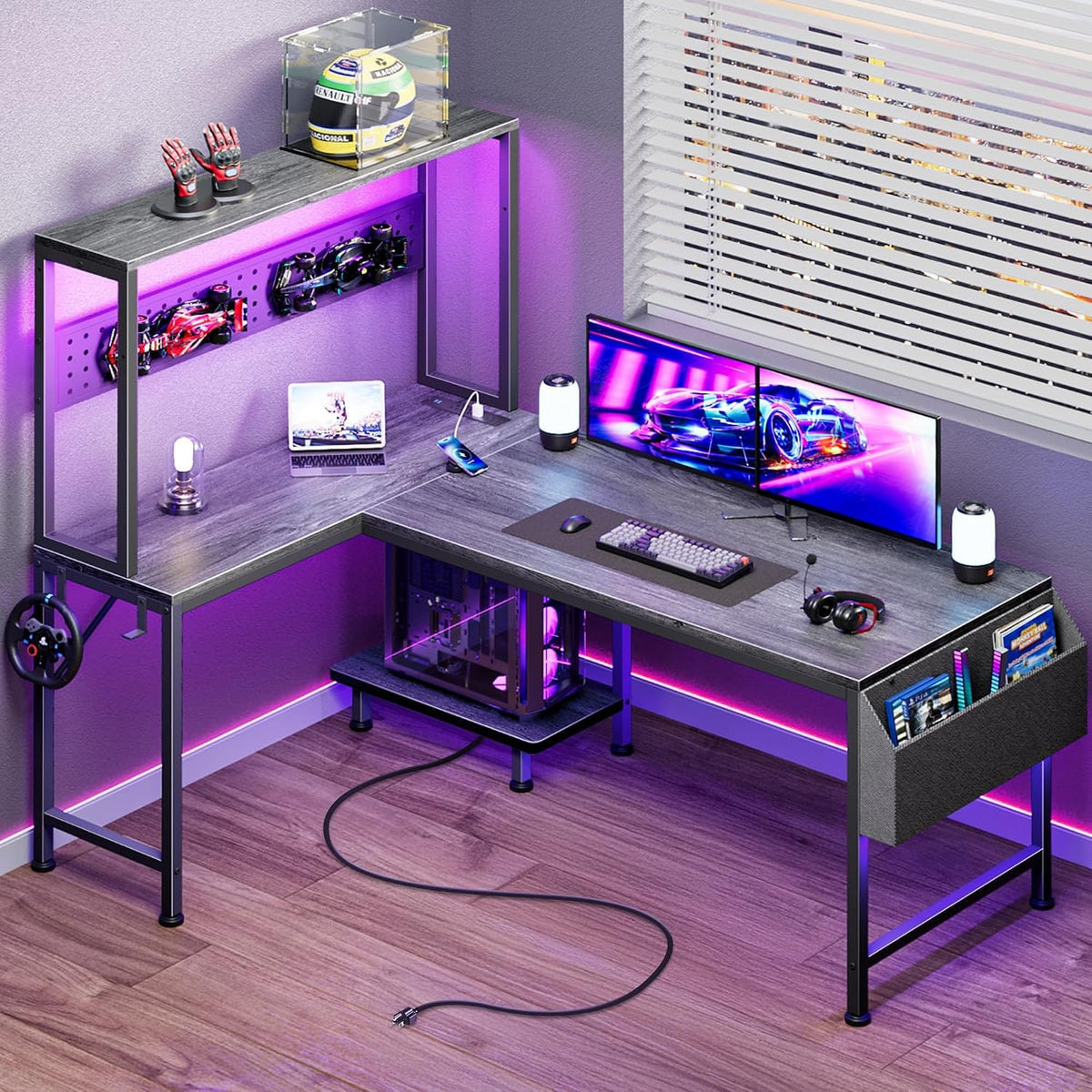 PRAISUN L Shaped Gaming Desk with LED Lights & Power Outlets