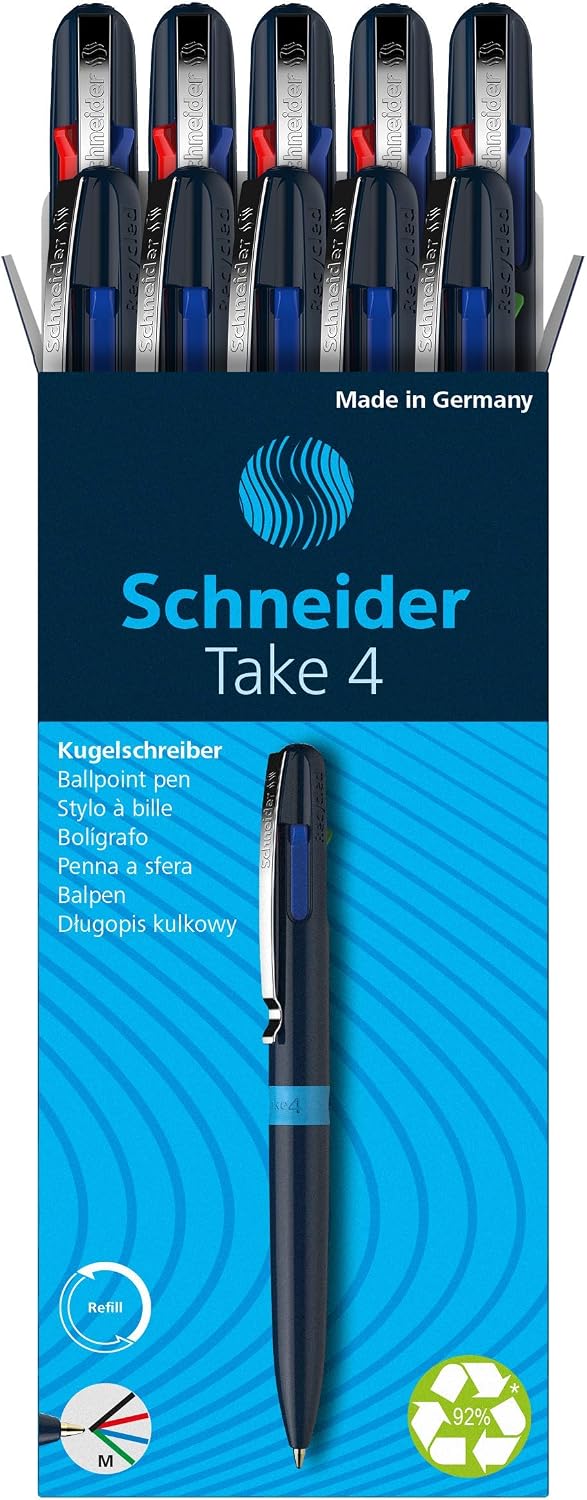 Schneider Take 4 Ballpoint Pen M (Medium), Refillable + Retractable, Dark Blu...