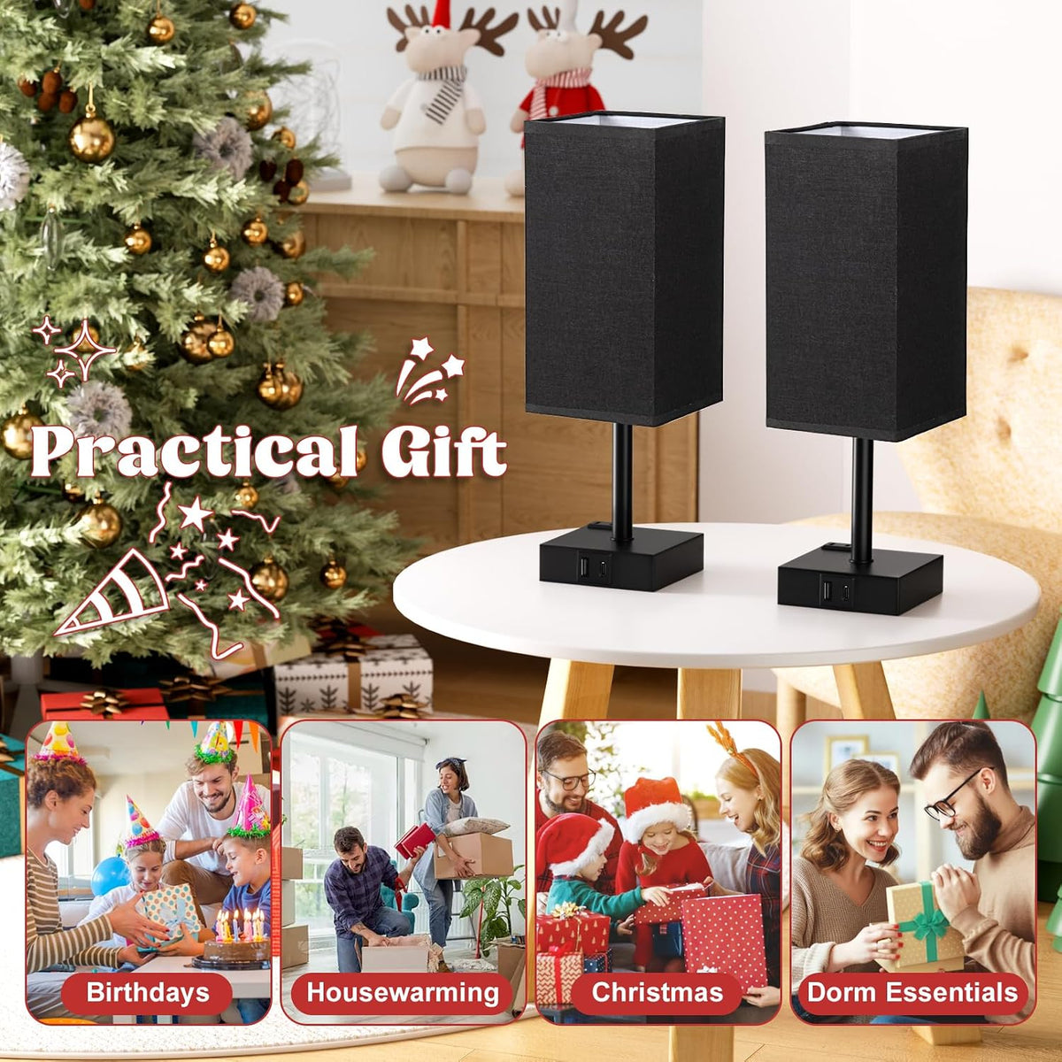 Set of 2 Black Table Lamp for Bedroom - Dimmable Touch, USB C+A, AC Outlet
