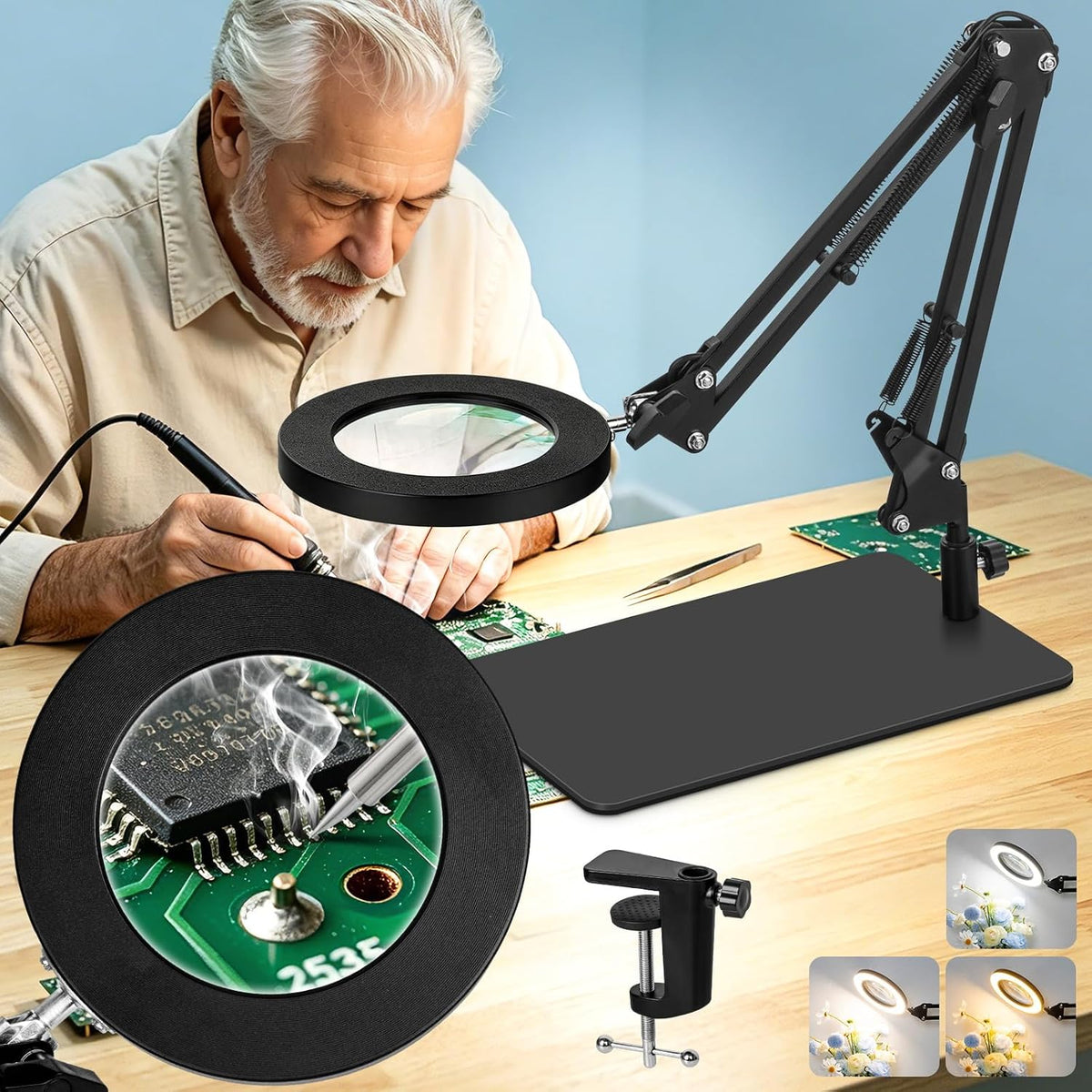 KIRKAS Magnifying Glass with Light and Stand, 12X 11in Clamp & Base