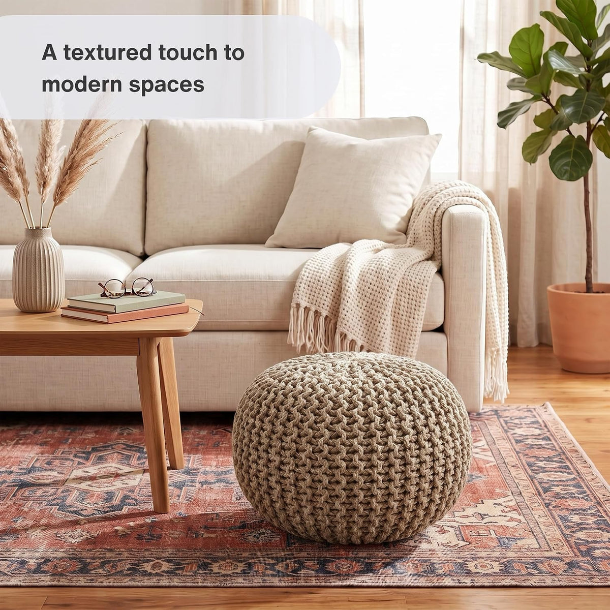 · REDEARTH · Round Pouf Ottoman - Hand Knitted Boho Poof - Beige Ivory