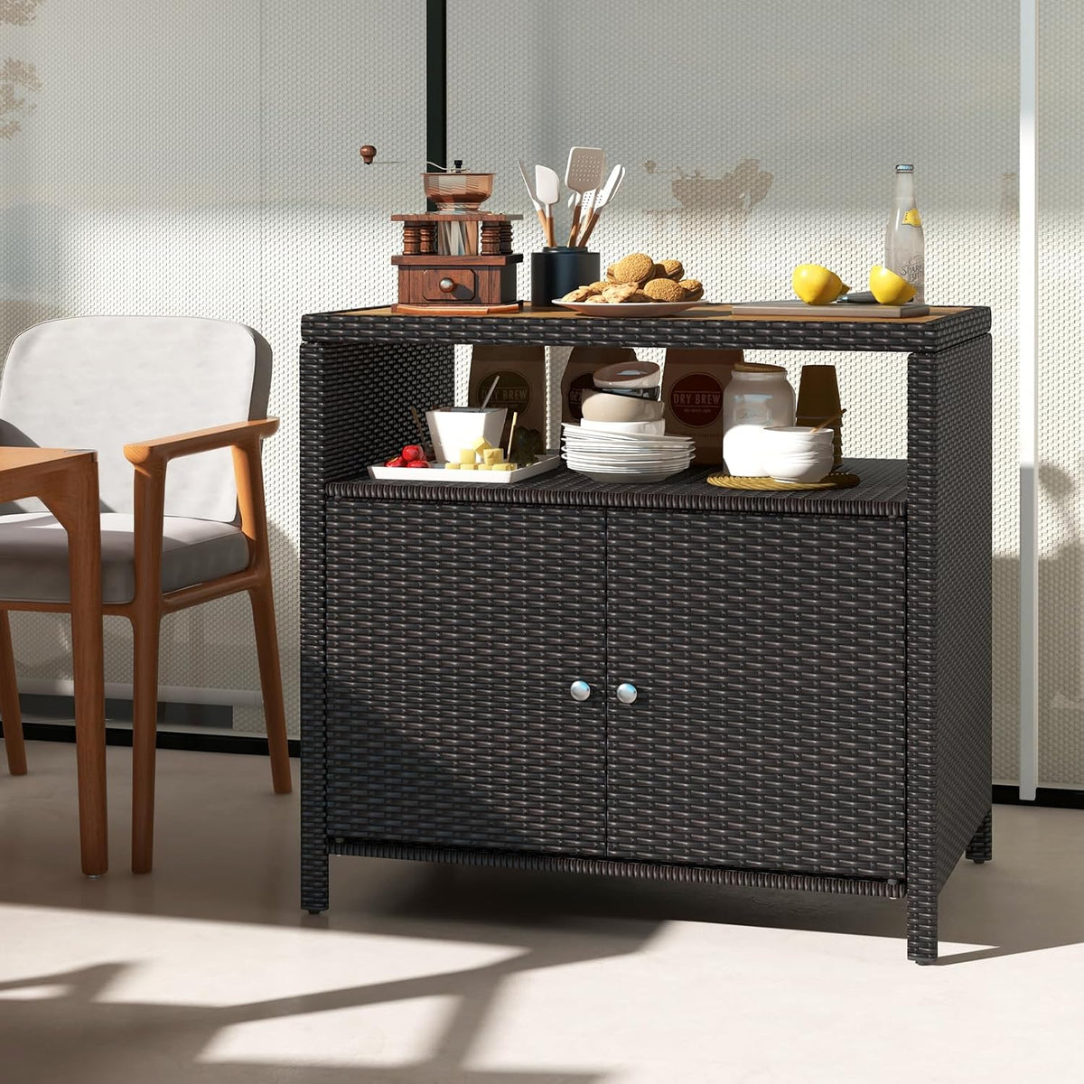 RELAX4LIFE Wicker Outdoor Bar Cabinet - PE Rattan Patio Bar Table w/Acacia Wo...