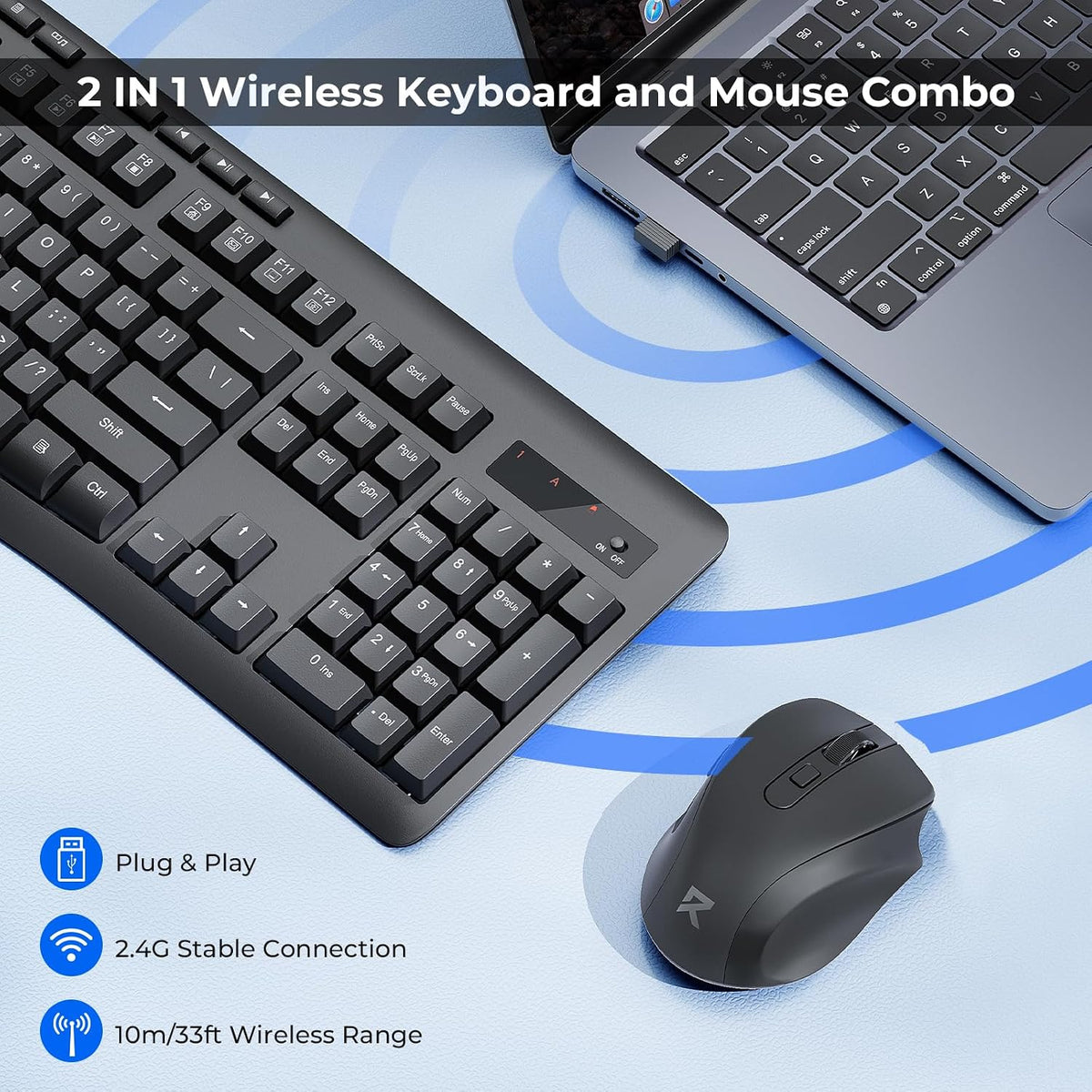 Redragon Wireless Keyboard and Mouse Combo, 2.4G Full-Sized Ergonomic Compute...