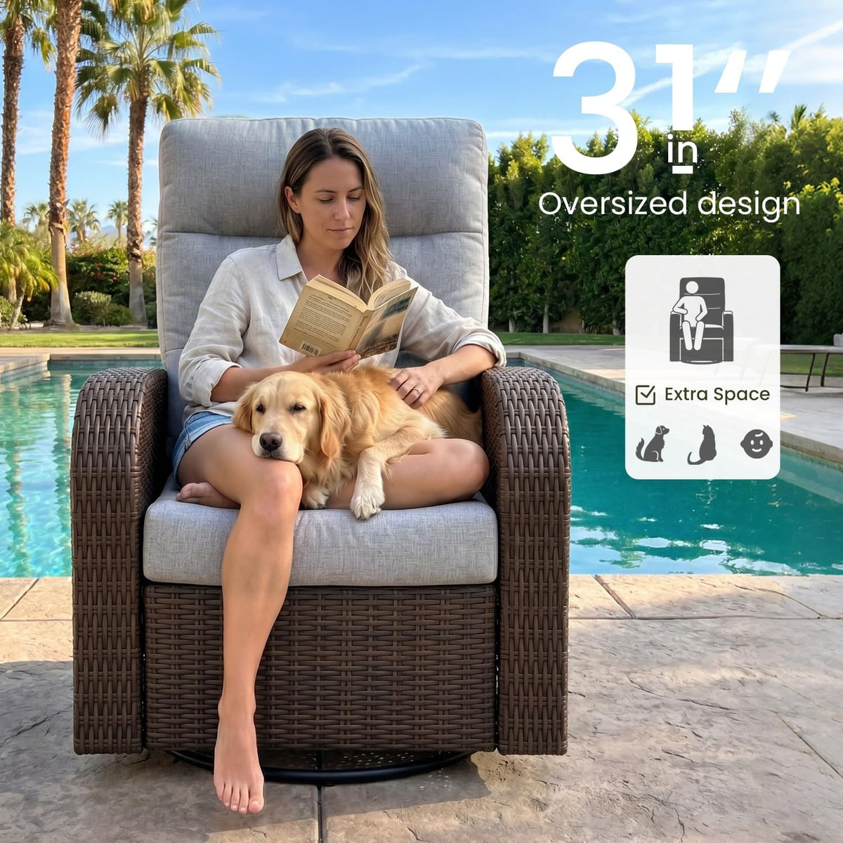 LayinSun Oversized Wicker Outdoor Swivel Glider Recliner with Adjustable Back...