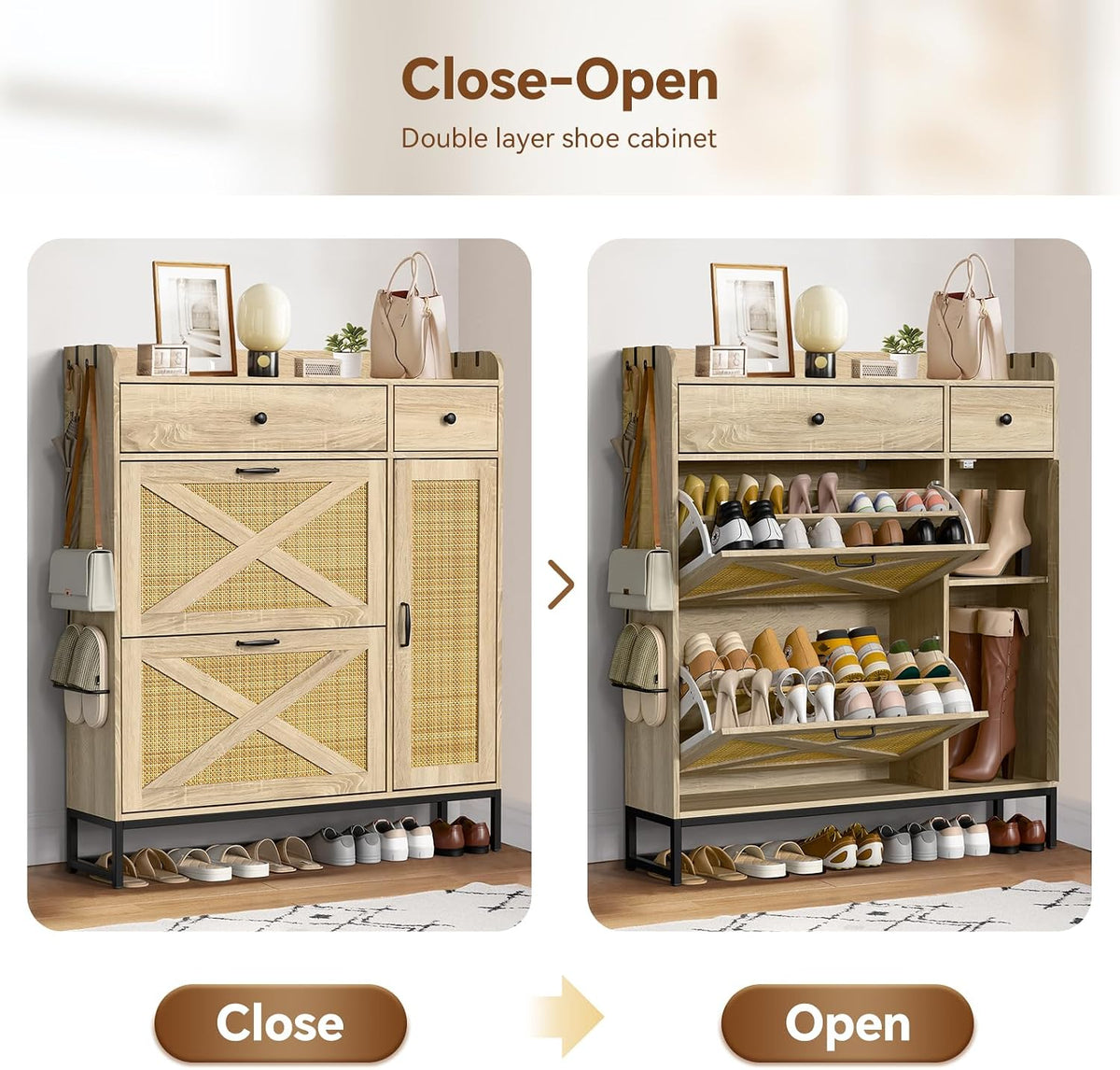 Holiwei Shoe Cabinet Rattan Woven with High Boot Storage, Large Capacity Mode...