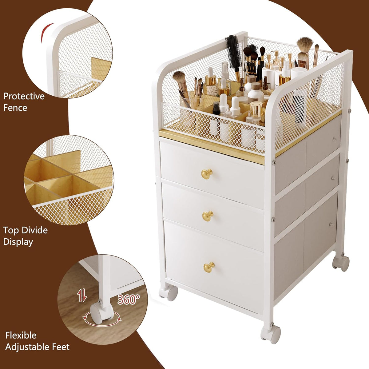 Rolling Makeup Organizer Cart with Drawers Under Desk Storage for Vanity