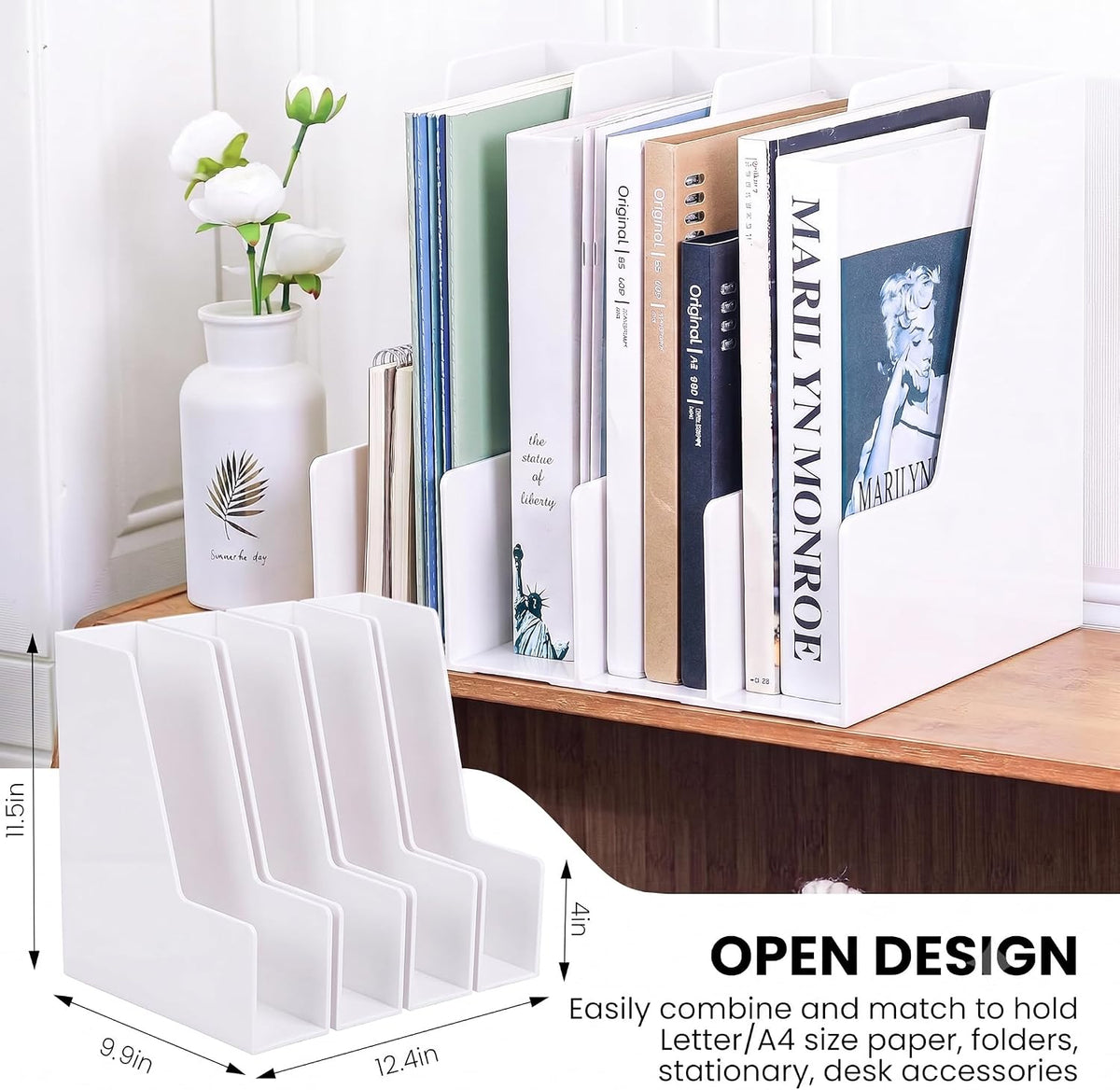 LALOBLUE White Vertical File Organizer, 4 Section Magazine Holder for Desk, D...