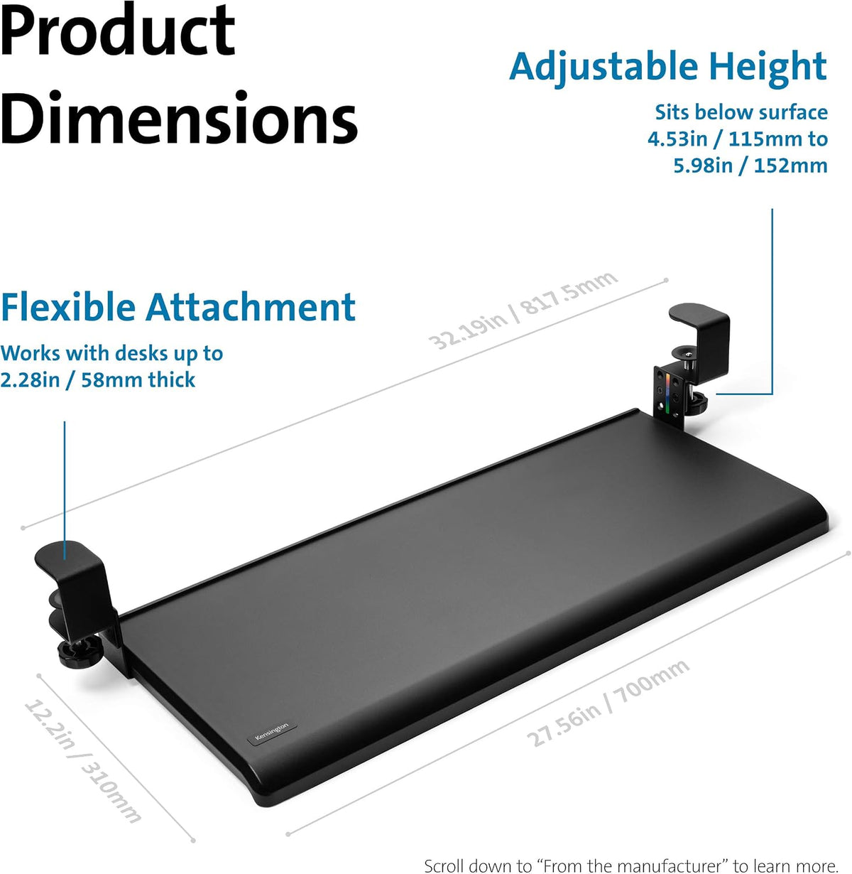 Kensington Clamp-On Keyboard Tray, Under Desk Keyboard Drawer with Cable Mana...
