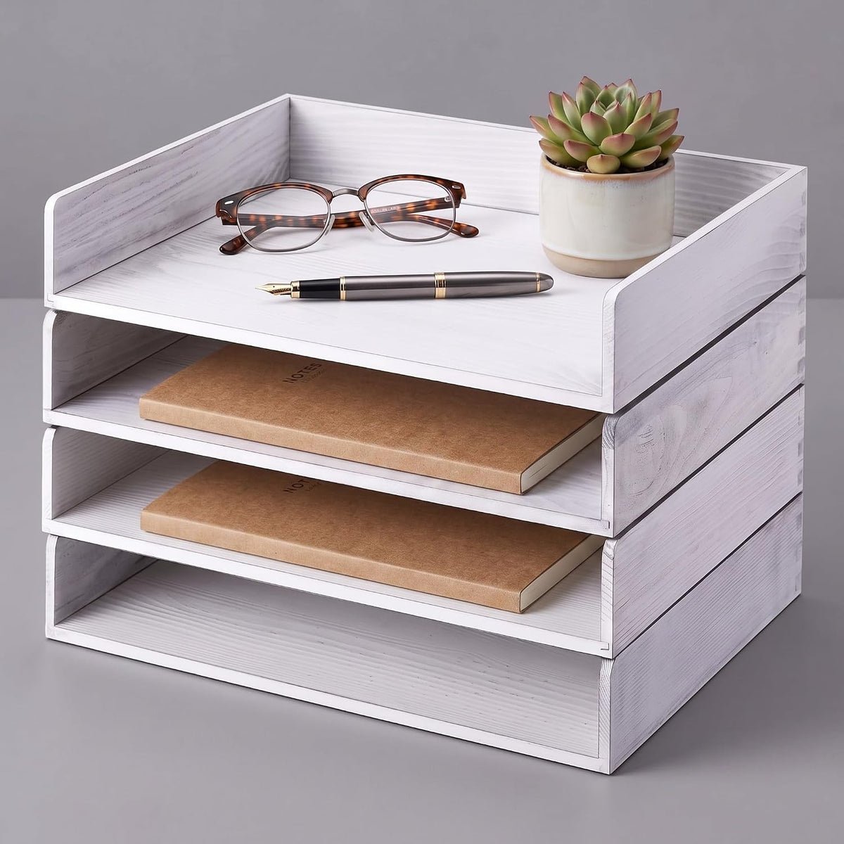 Yeaqee 4 Pcs Stackable Organizer Tray Wood Desk Organizer, Vintage White