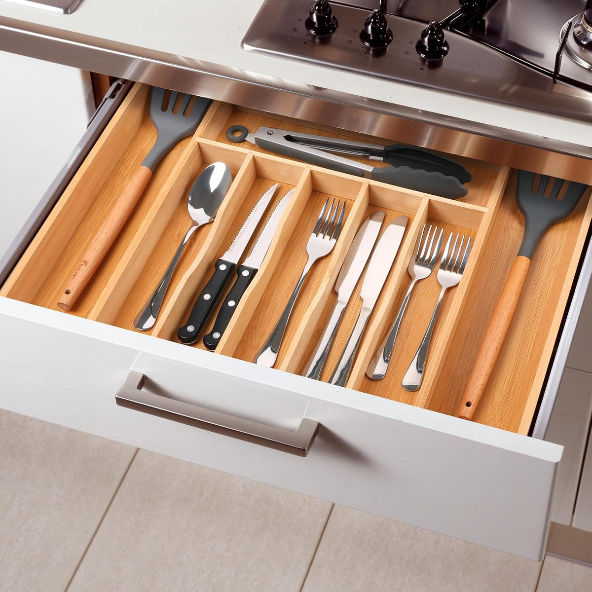 Large Premium Bamboo Silverware Organizer - Expandable Drawer Organizer &...