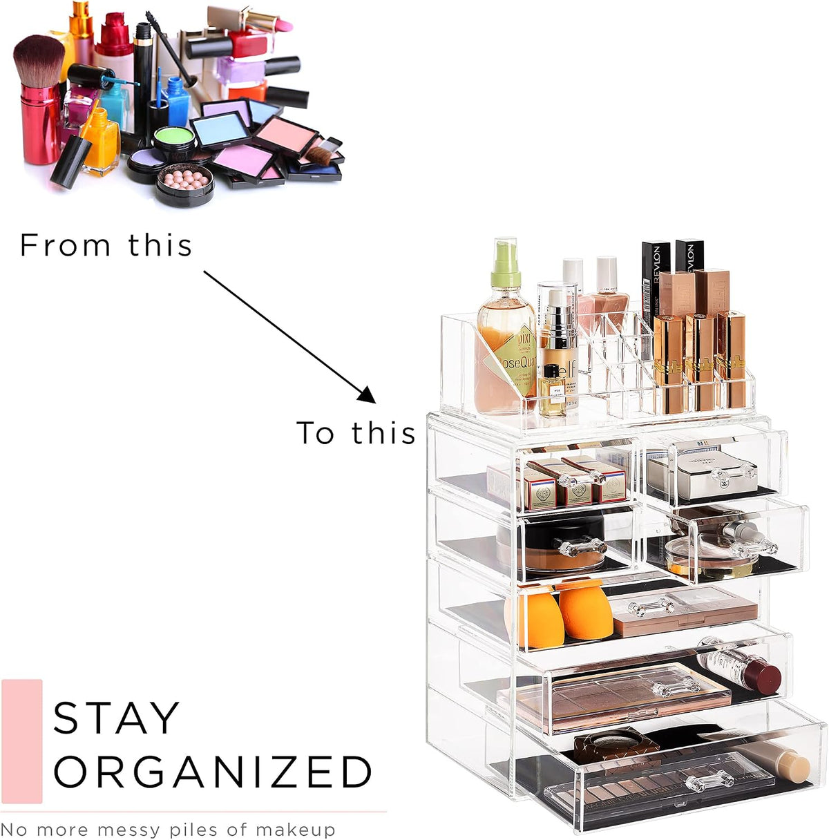 Sorbus Makeup Organizer, 7-Drawer Acrylic 2-Piece Set (Clear)