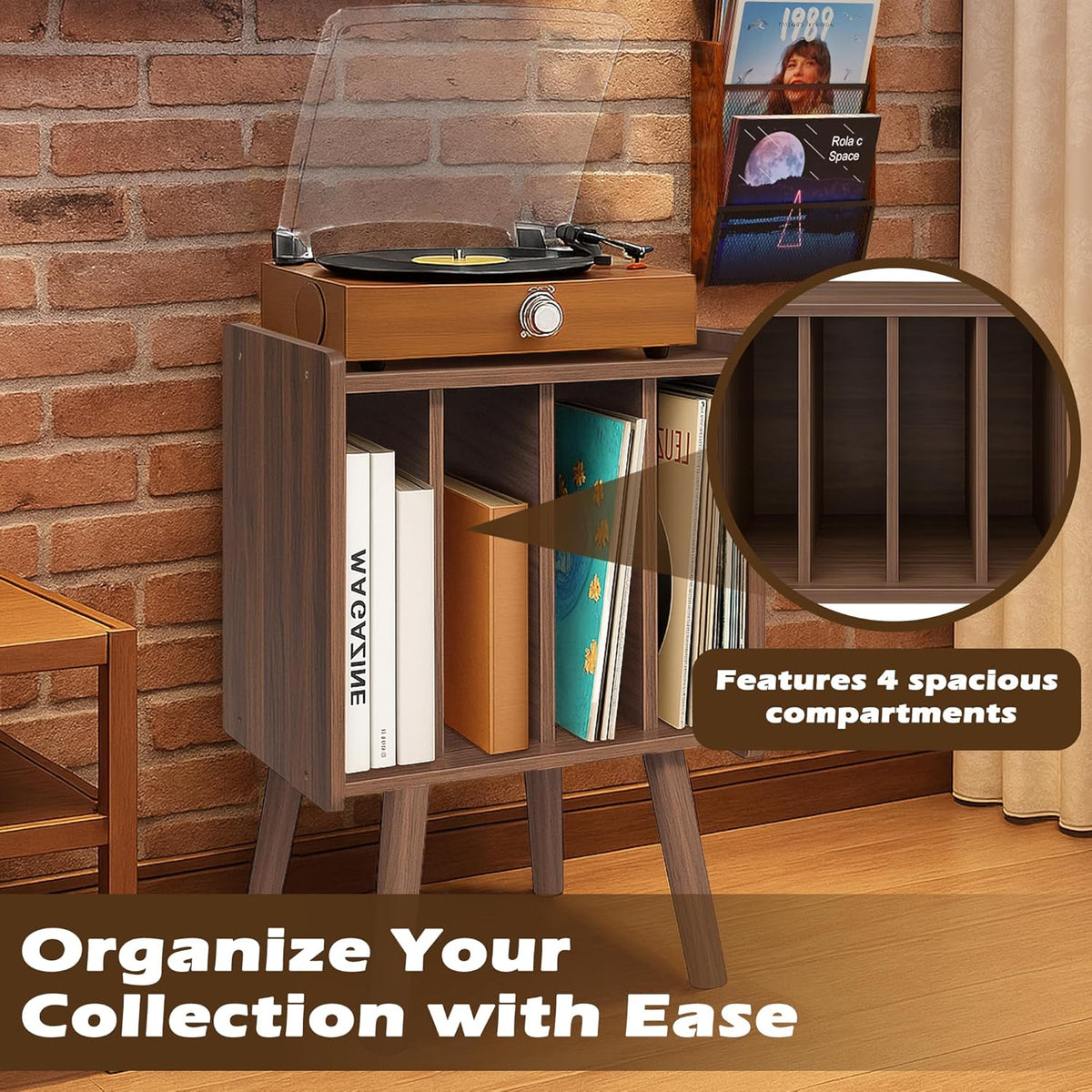 Record Player Stand, Vinyl Record Storage Table with 4 Cabinet, Mid Century M...