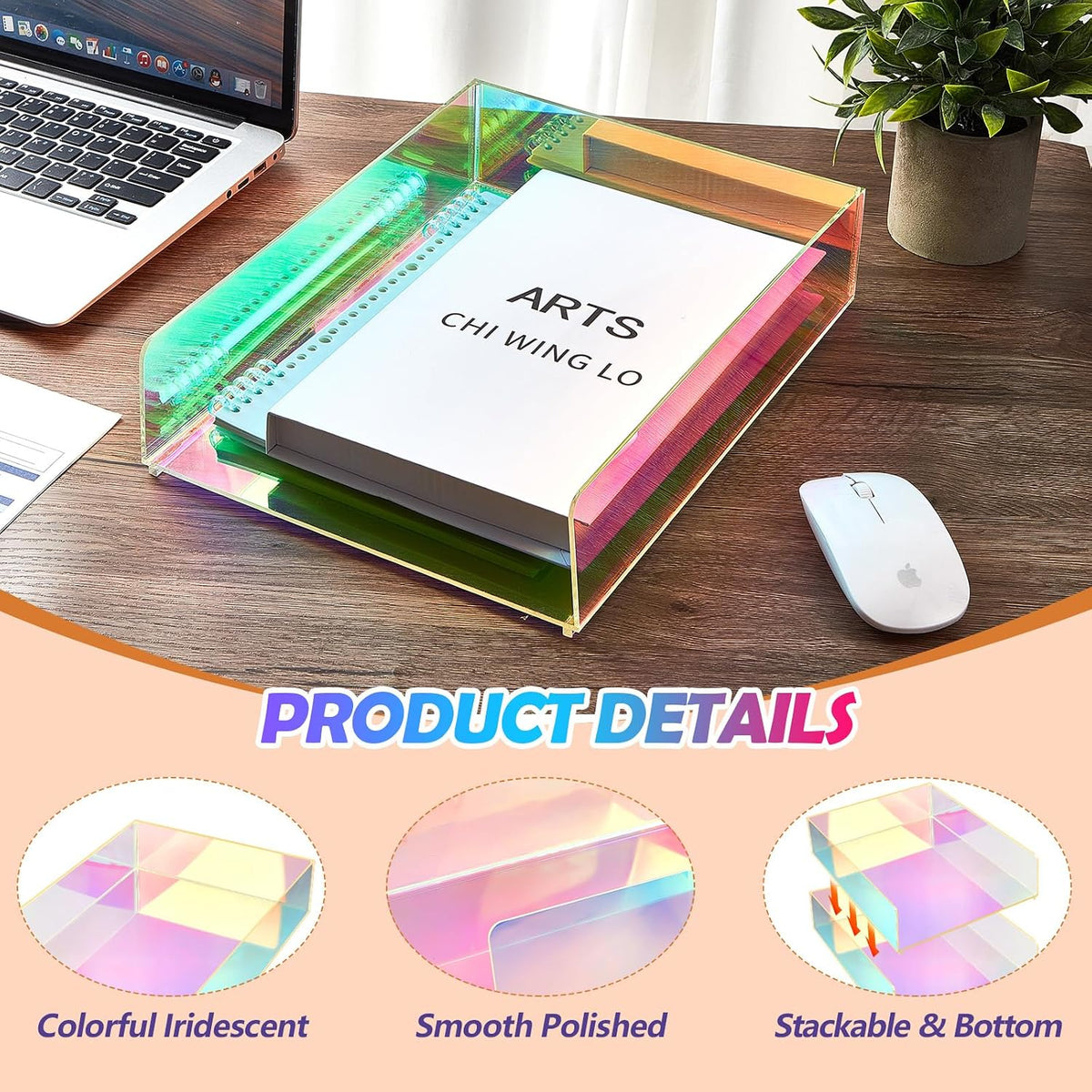 Suzile 3 Pcs Iridescent Acrylic Letter Organizer 12.6 x 9.5 x 2.8 Inches Stac...