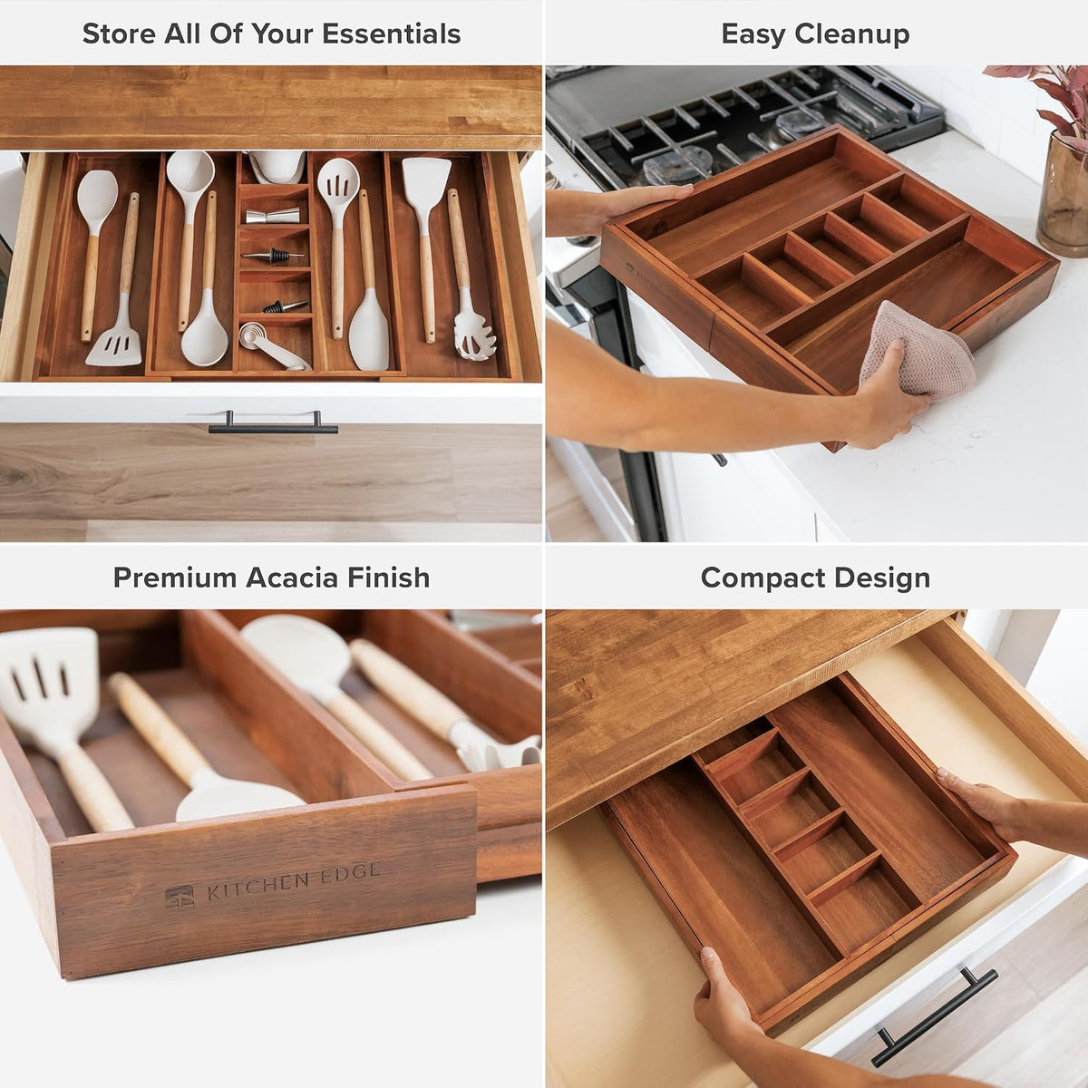 KitchenEdge Utensil & Junk Drawer Organizer, 16-28 in, Acacia