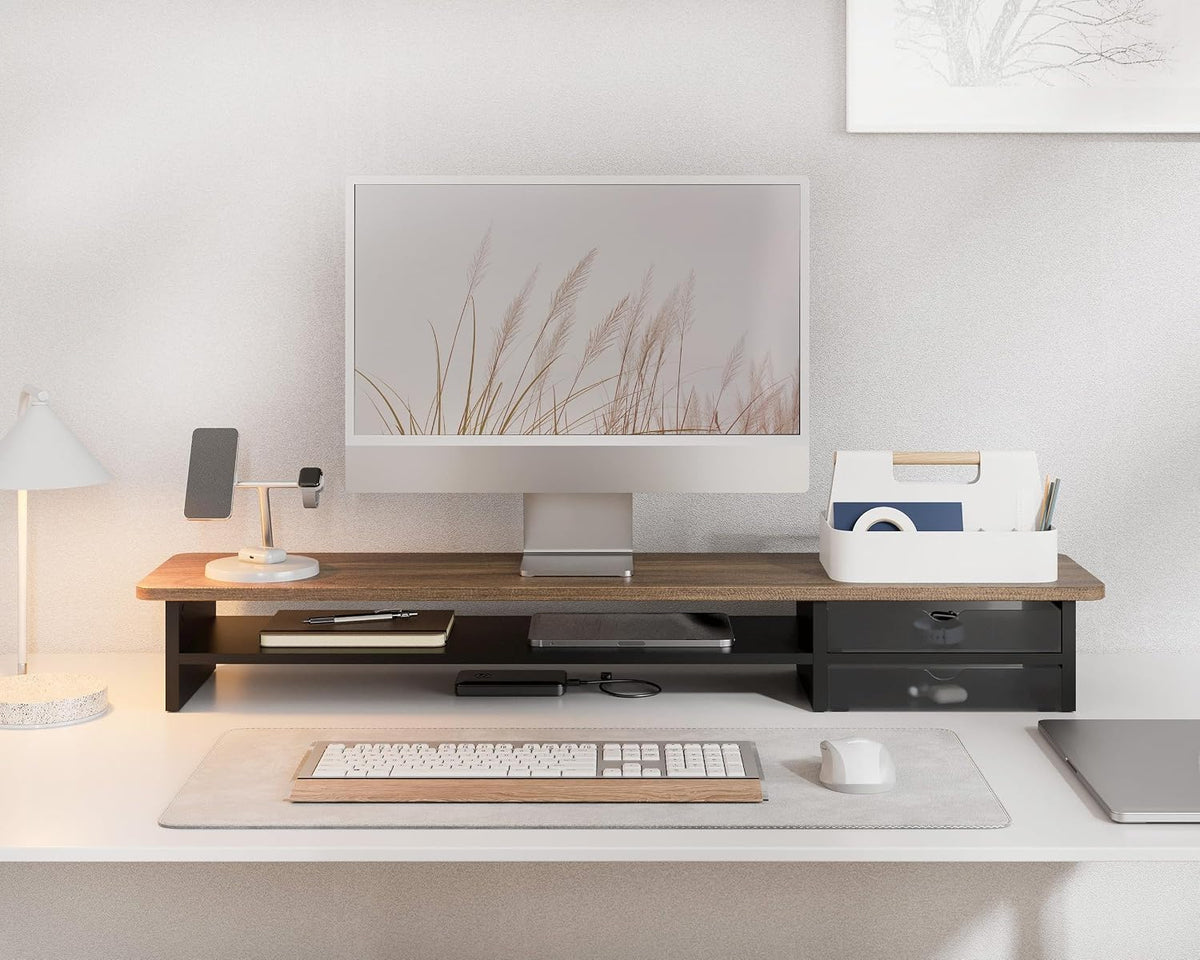 Fenge Monitor Stand, Desk Computer Riser with Frosted Storage Drawer, Brown