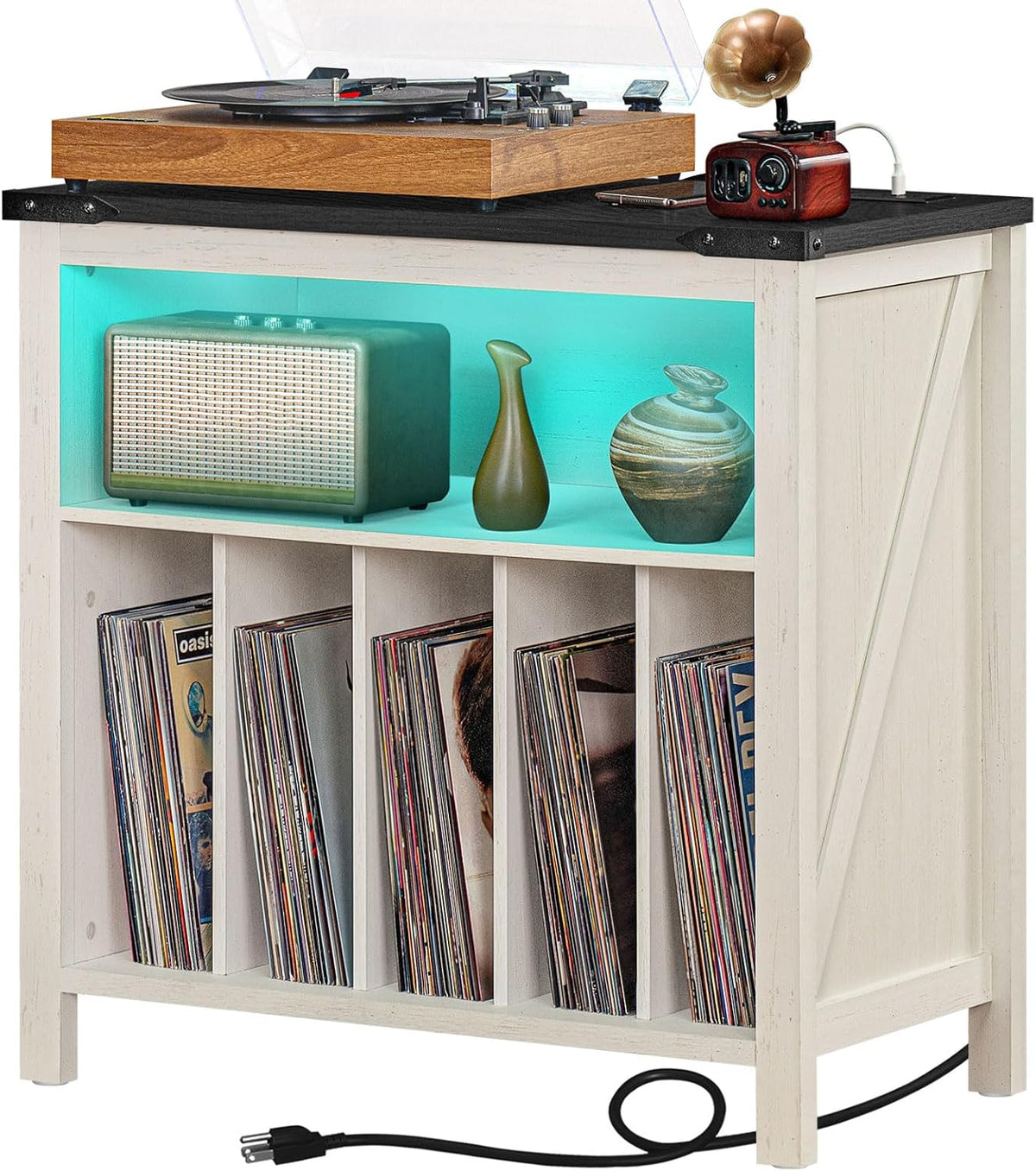 Joaxswe Large Record Player Stand with Charging Station & LED Lights, Vin...