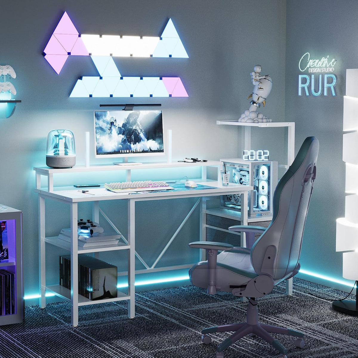 52" Reversible Gaming Desk with Drawers & Shelves, Computer Desk, White