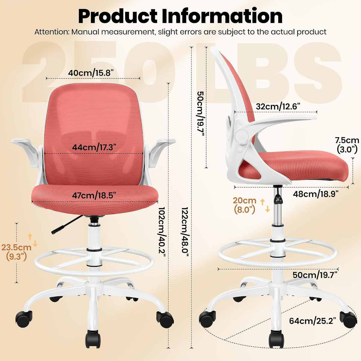 Drafting Chair Tall Office Chair with Flip-up Armrests Executive Ergonomic Co...