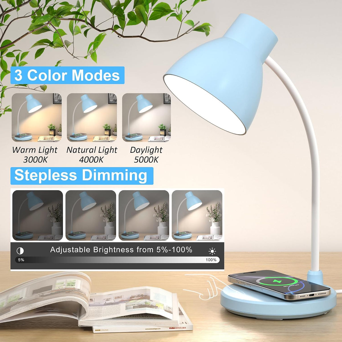 LED Desk Lamp for Home Office with Wireless Charger, Blue