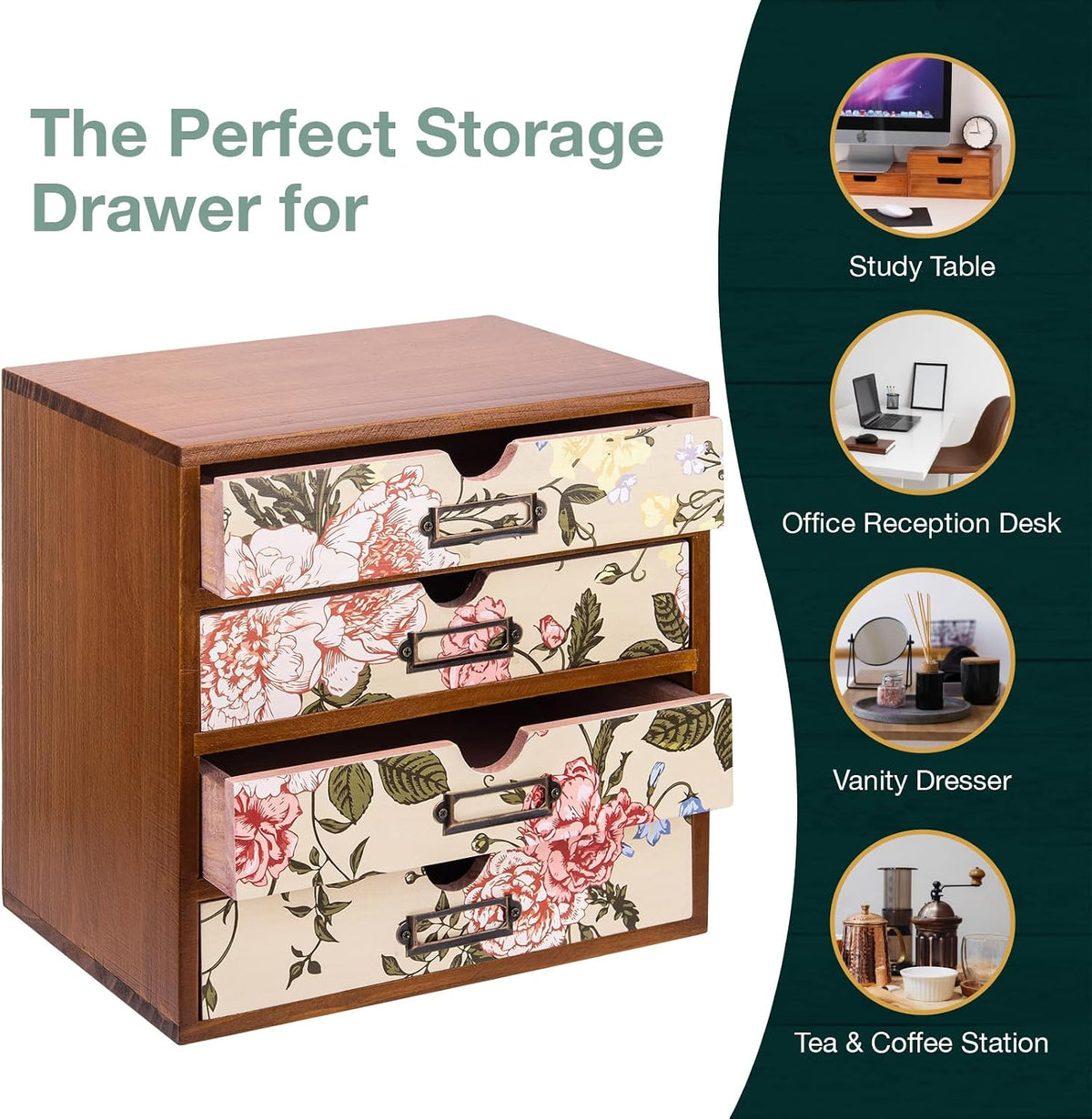 4-Drawer Vintage Desk Organizer with Jacobean Pattern Pastel Flowers Curio Dr...