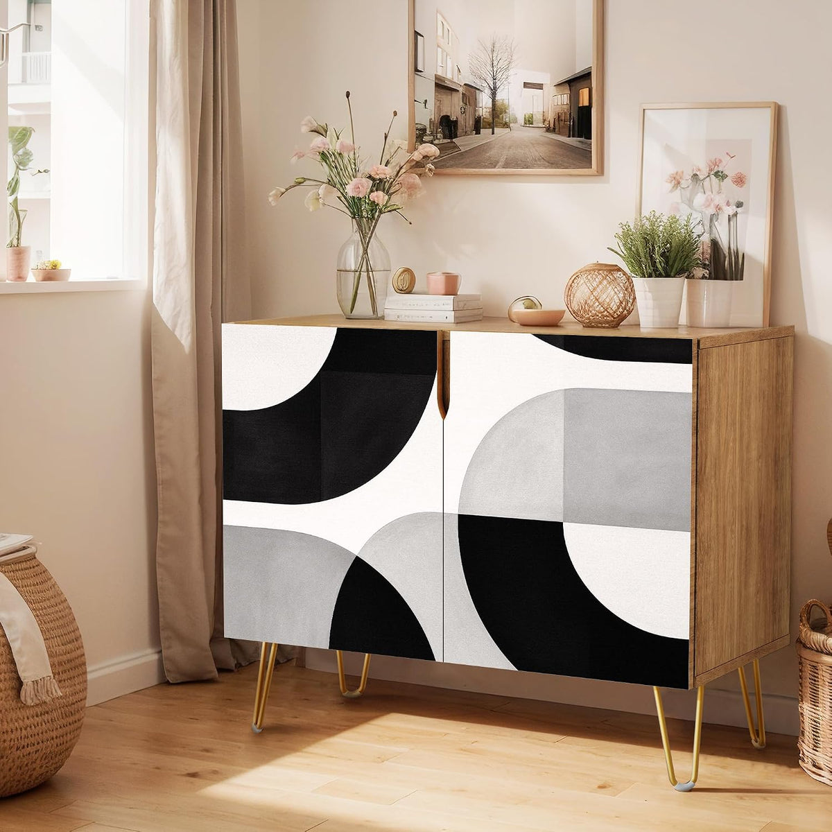 SIGNWIN Sideboard Buffet Cabinet, Kitchen Storage Cabinet with 2 Doors, Abstr...