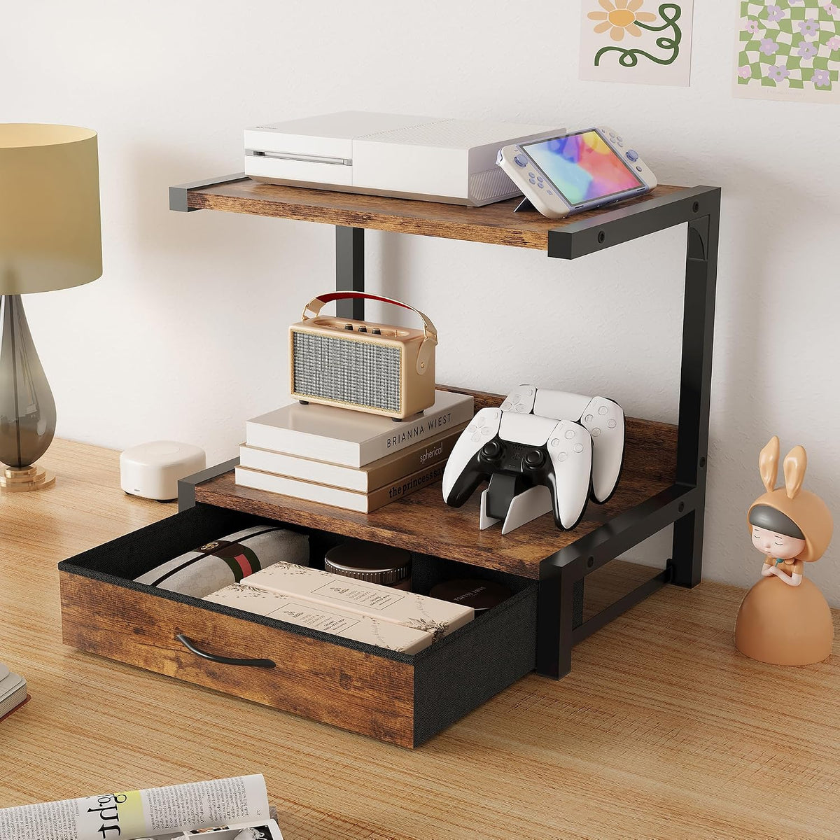 Printer Stand for Desk, Desktop Printer Stand with Fabric Drawer, 2-Tier Desk...