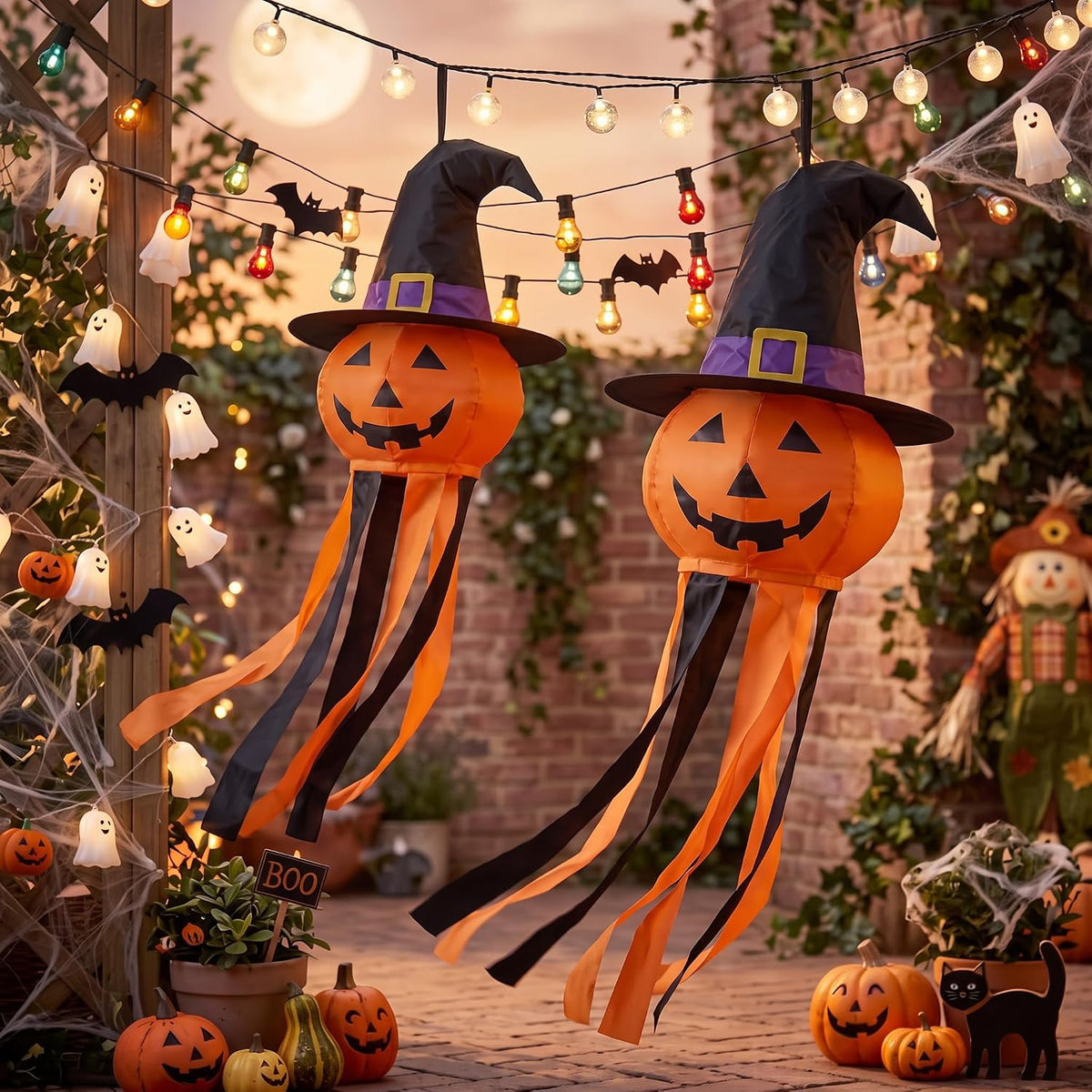 2 Pcs Halloween Pumpkin Windsocks Decoration 40'' Outdoor Ghost Winds...
