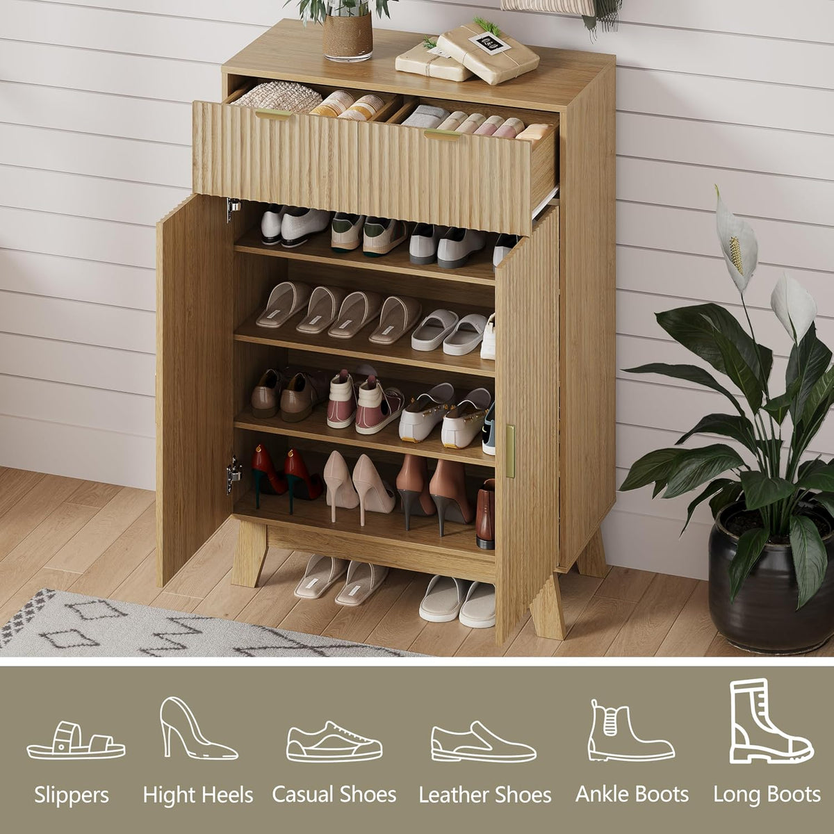 HUANLEGO Shoe Cabinet Storage for Entryway with Doors, Oak