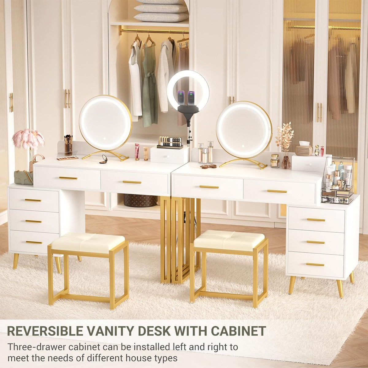 Armocity White Vanity Desk with Mirror and Lights, Modern Makeup Vanity Table...