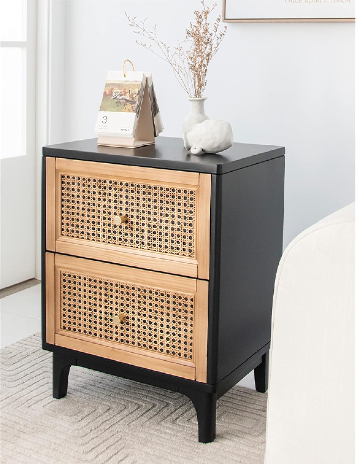 COZAYH - 2 Drawer Boho Nightstand - Black Farmhouse Bedside Table