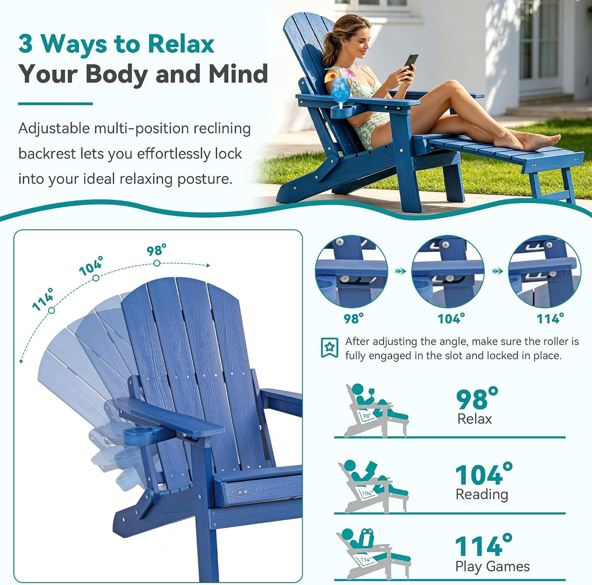 Folding Adjustable Adirondack Chair with Footrest, All-Weather HDPE Plastic C...