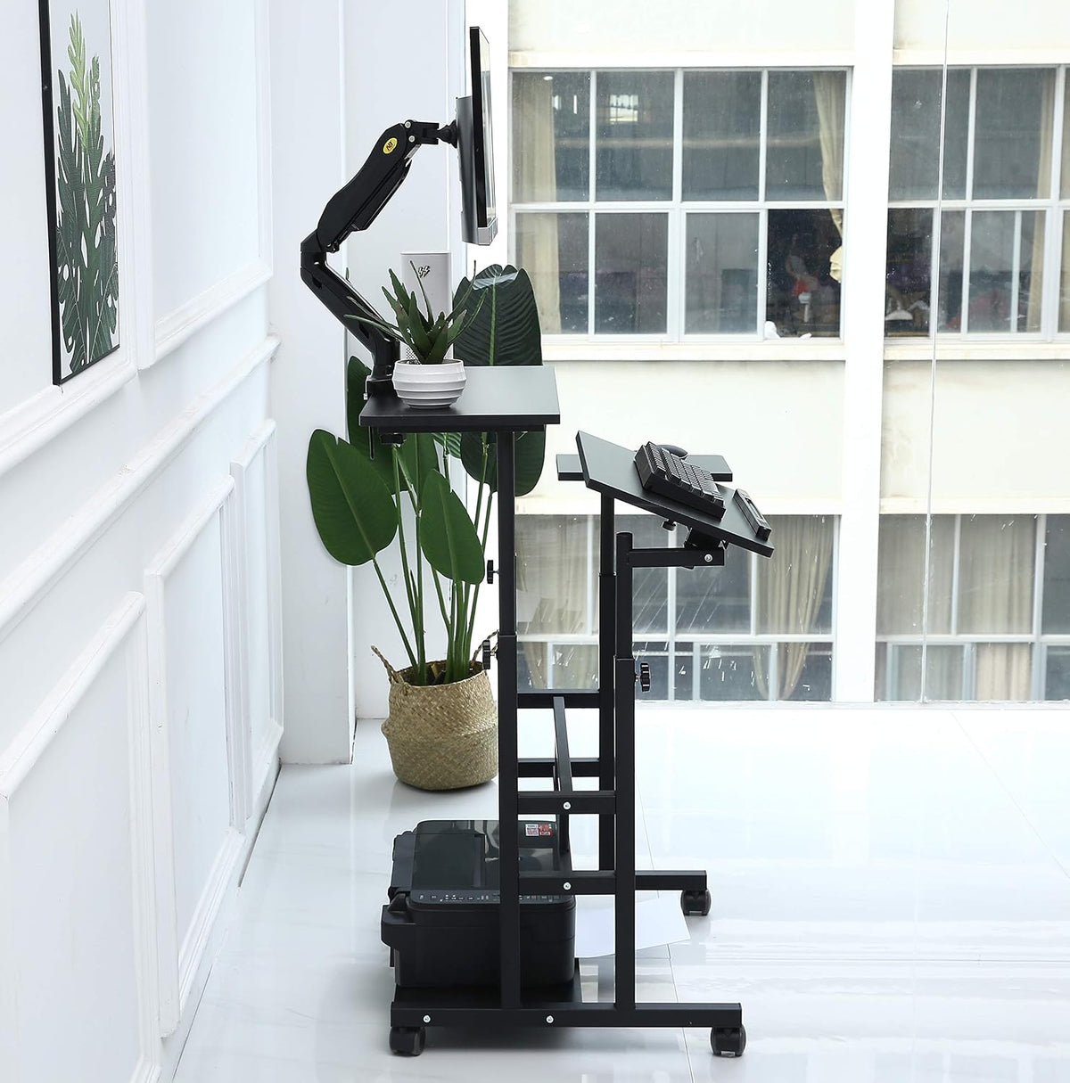 Small Standing Desk on Wheels, Height Adjustable Rolling Desk with Storage