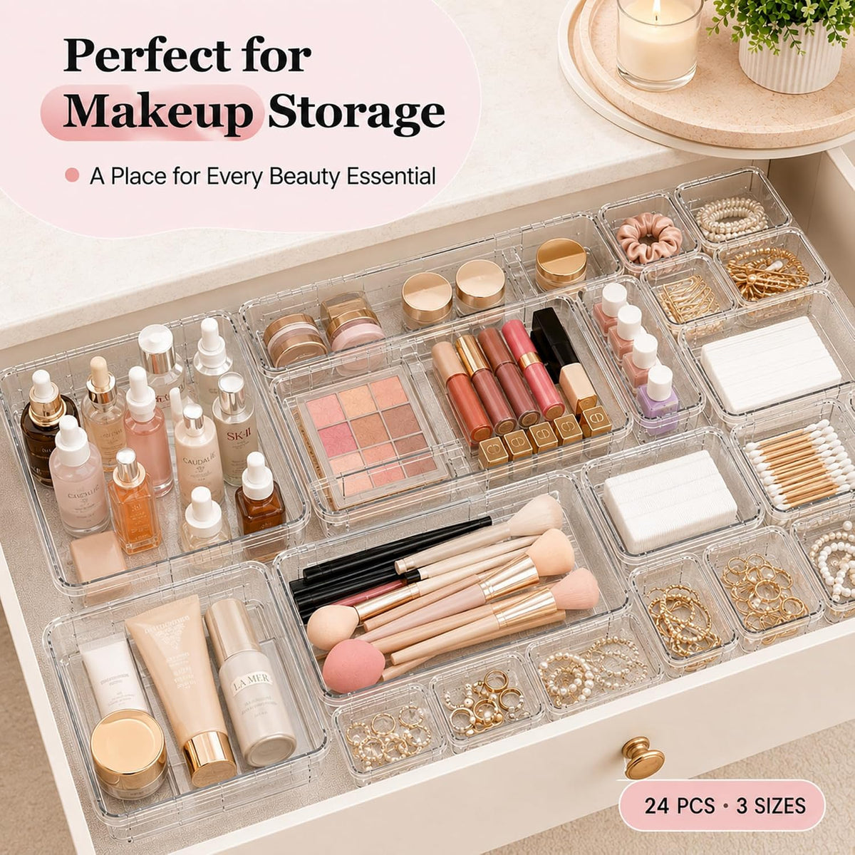 24 Pcs Clear Adjustable Drawer Organizer, 3-Size Expandable Desk Drawer Organ...