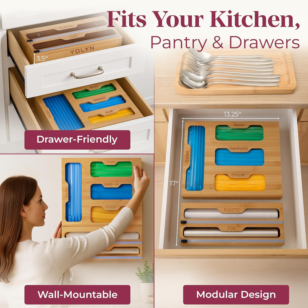 Bamboo Food Storage Bag Organizer for Drawer with Foil & Plastic Wrap Dis...