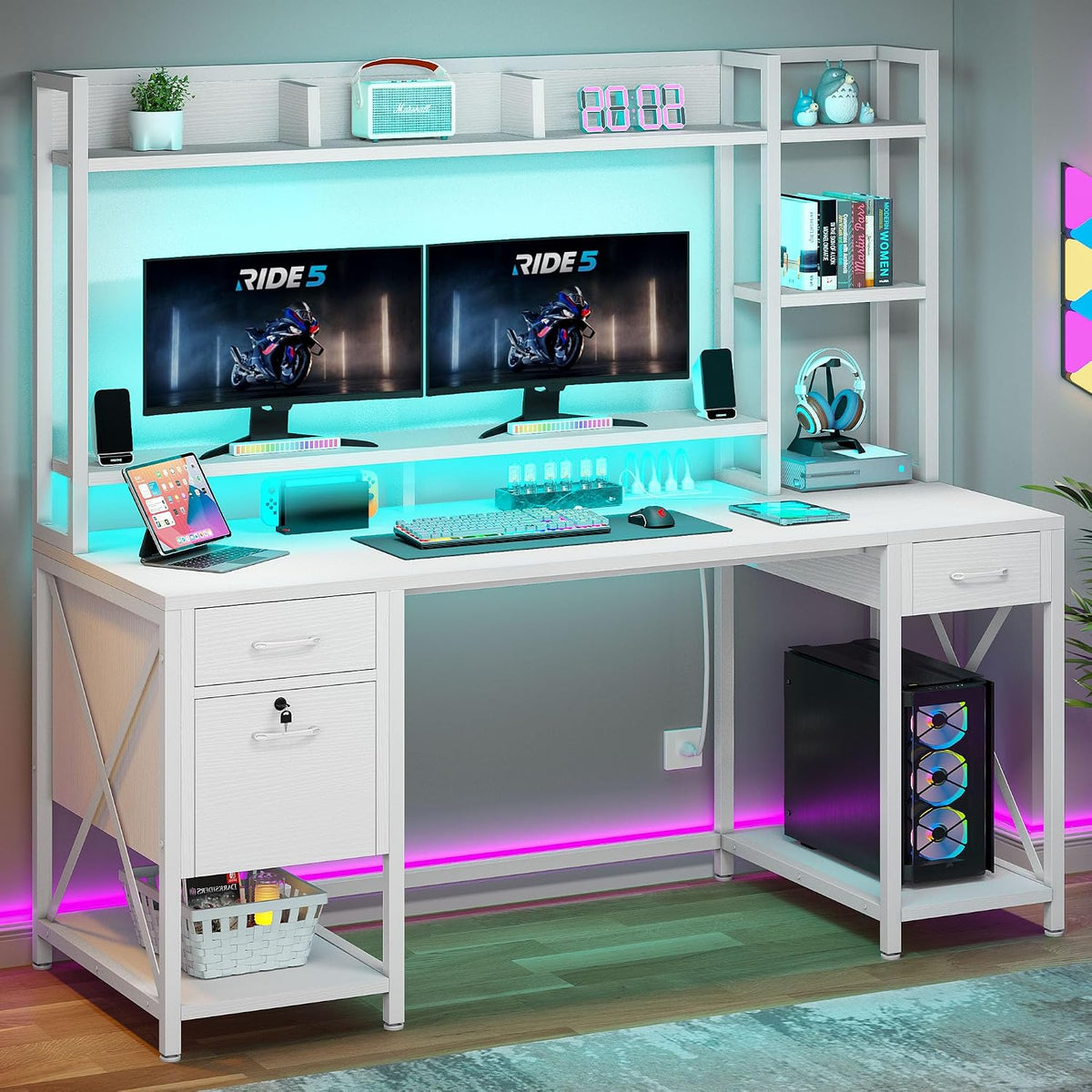 YITAHOME 59.1" Computer Desk with Drawers & Hutch, Power & LED, ...