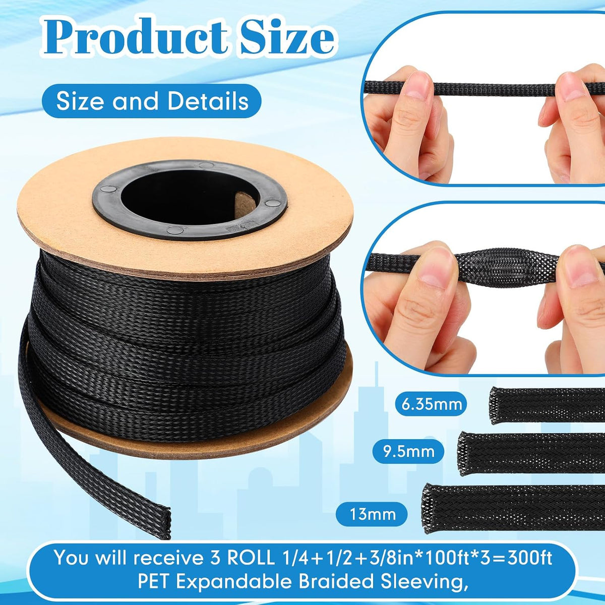 Pangda Braided Wire Loom 1/4, 1/2, 3/8'' X 300 Ft, Black