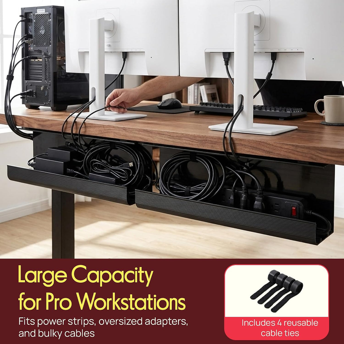 Pyle 2-Pack 17" Under Desk Cable Management Tray, Under Desk Cable Organ...