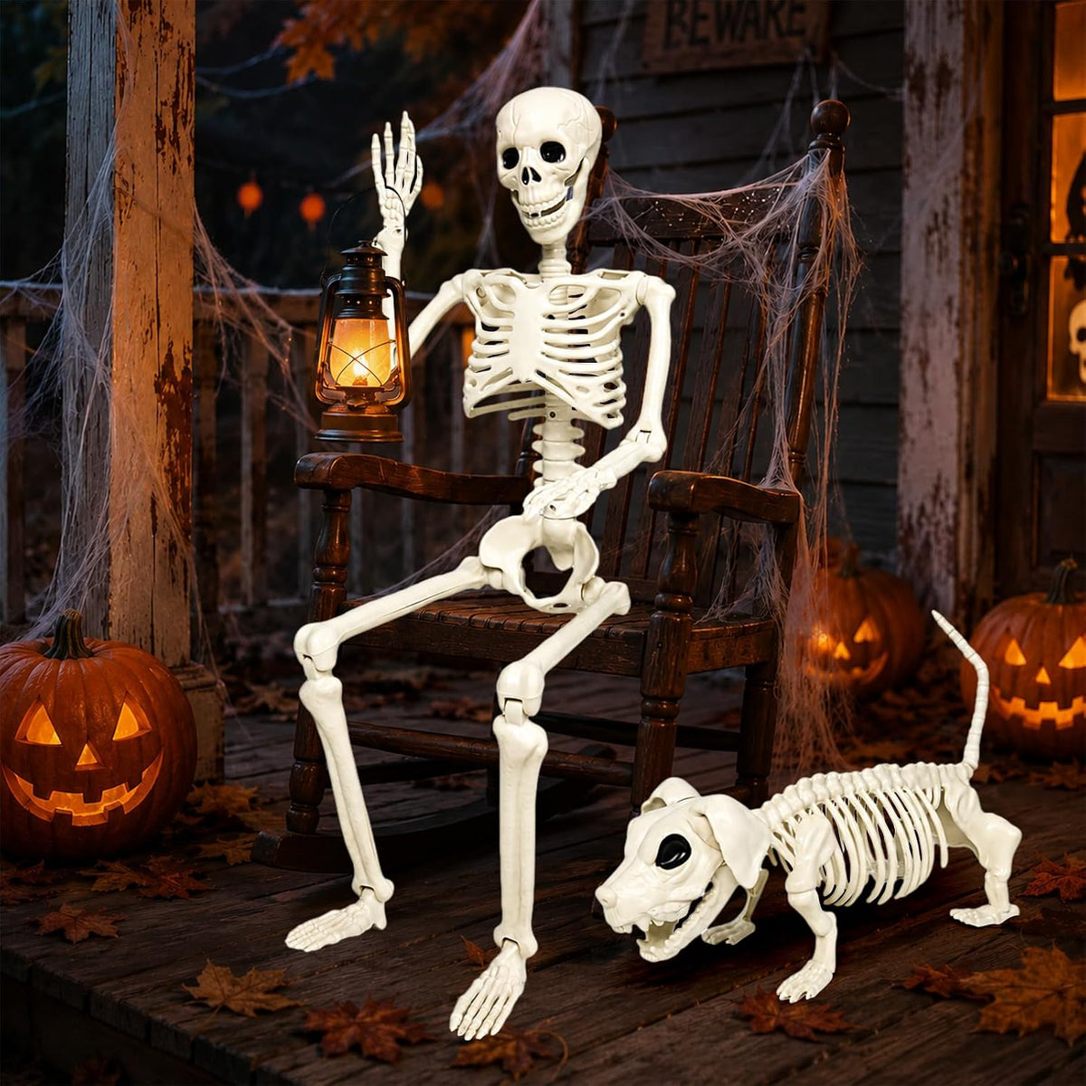 36'' Life-Size Posable Halloween Skeleton Decorations with Dog Skeleton