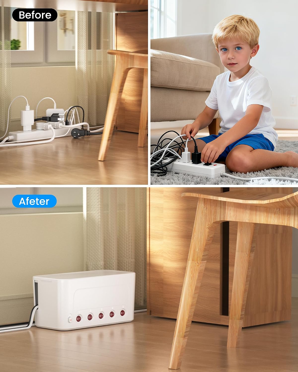 Power Strip with Cable Management Box, Large Cord Organizer Box,White