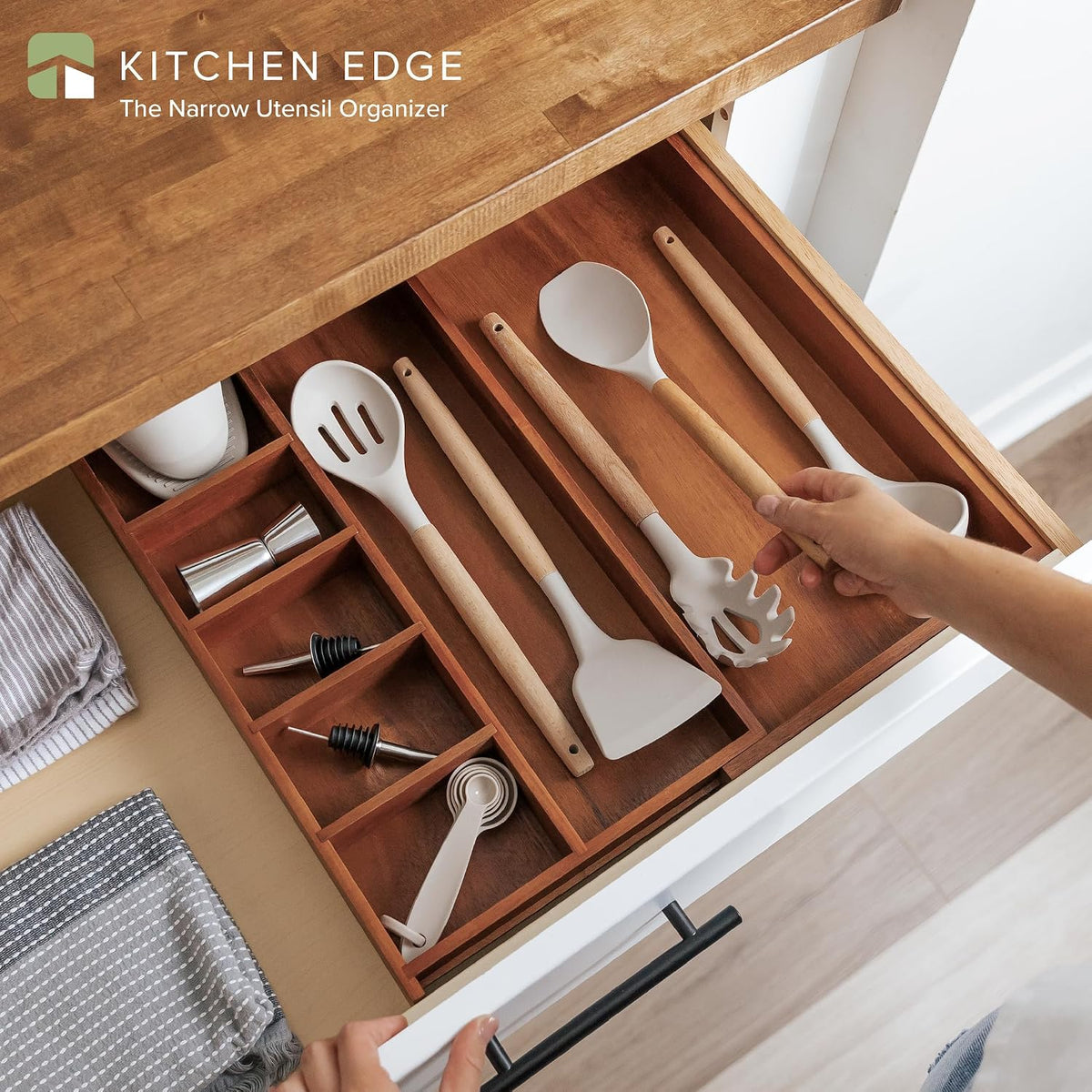 KitchenEdge Utensil & Junk Drawer Organizer, 10.5-18.5 in, Acacia