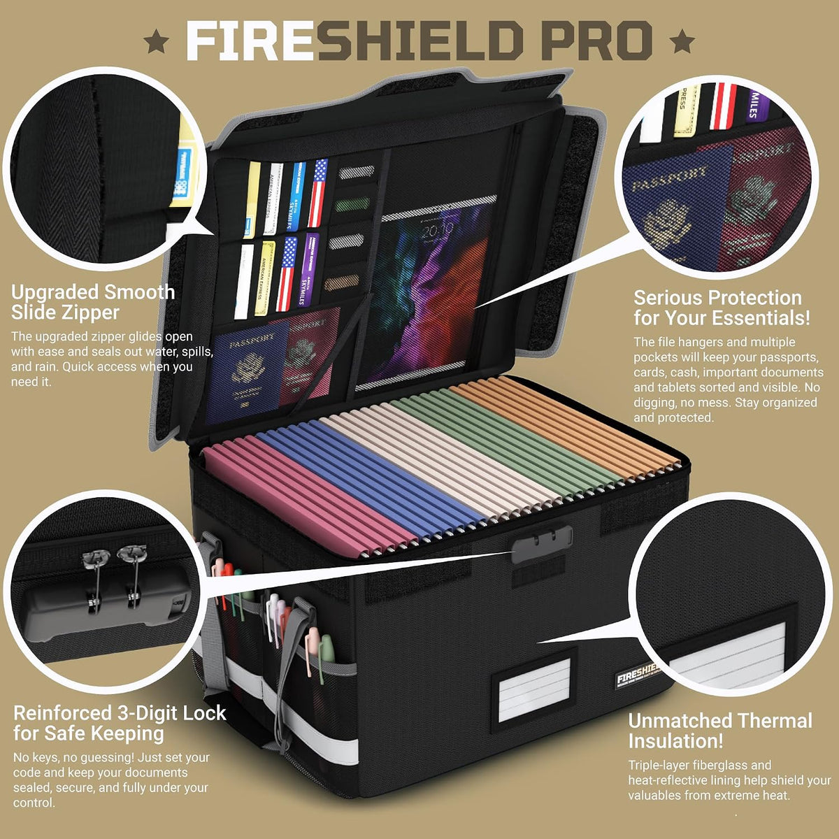 FIRESHIELD PRO 5200°F Fireproof Document Box with Lock – Portable Water Resis...