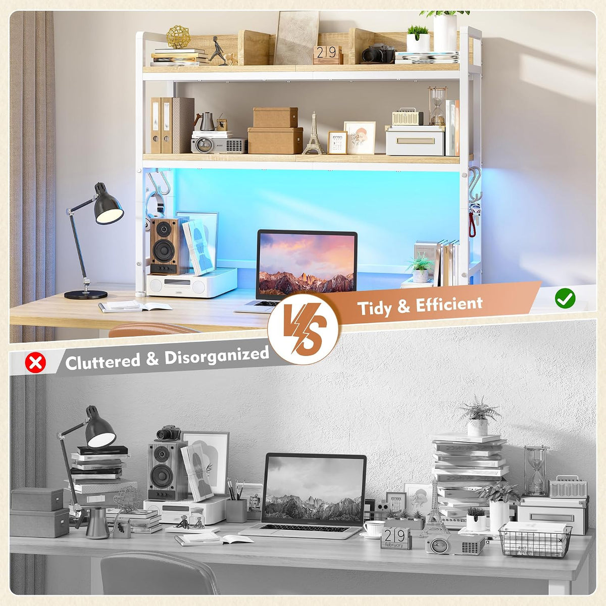 REIBII 2-Tier Desk Shelf with LED for Bedroom and Home Office, White