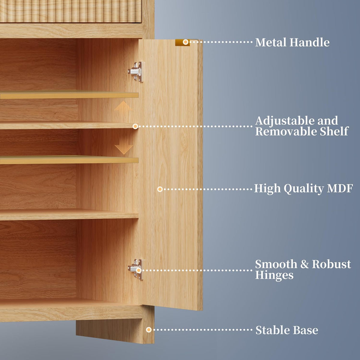 Fluted Sideboard Buffet Cabinet with Storage and Large Drawers, 55" W Cr...