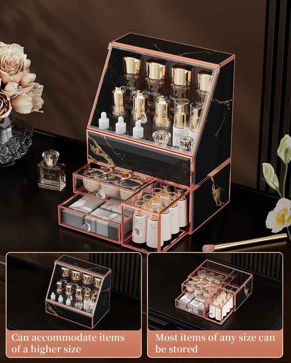 CoralHouse Glass Makeup Organizer with Lid and Drawer for Vanity, Black