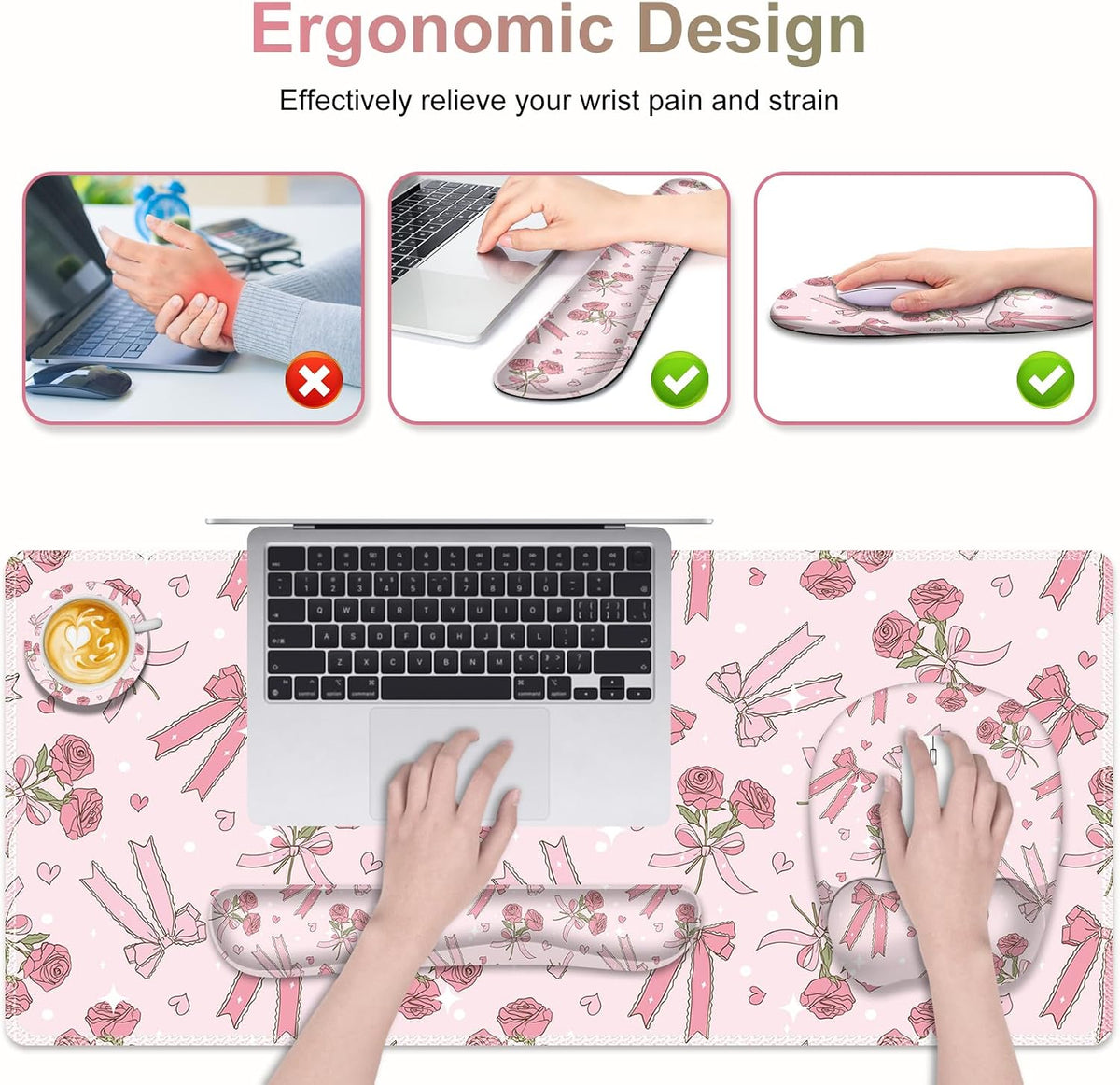 Pink Mouse Pad with Wrist Support 4 in1 Set, XXL Big Game Mousepad + Keyboard...