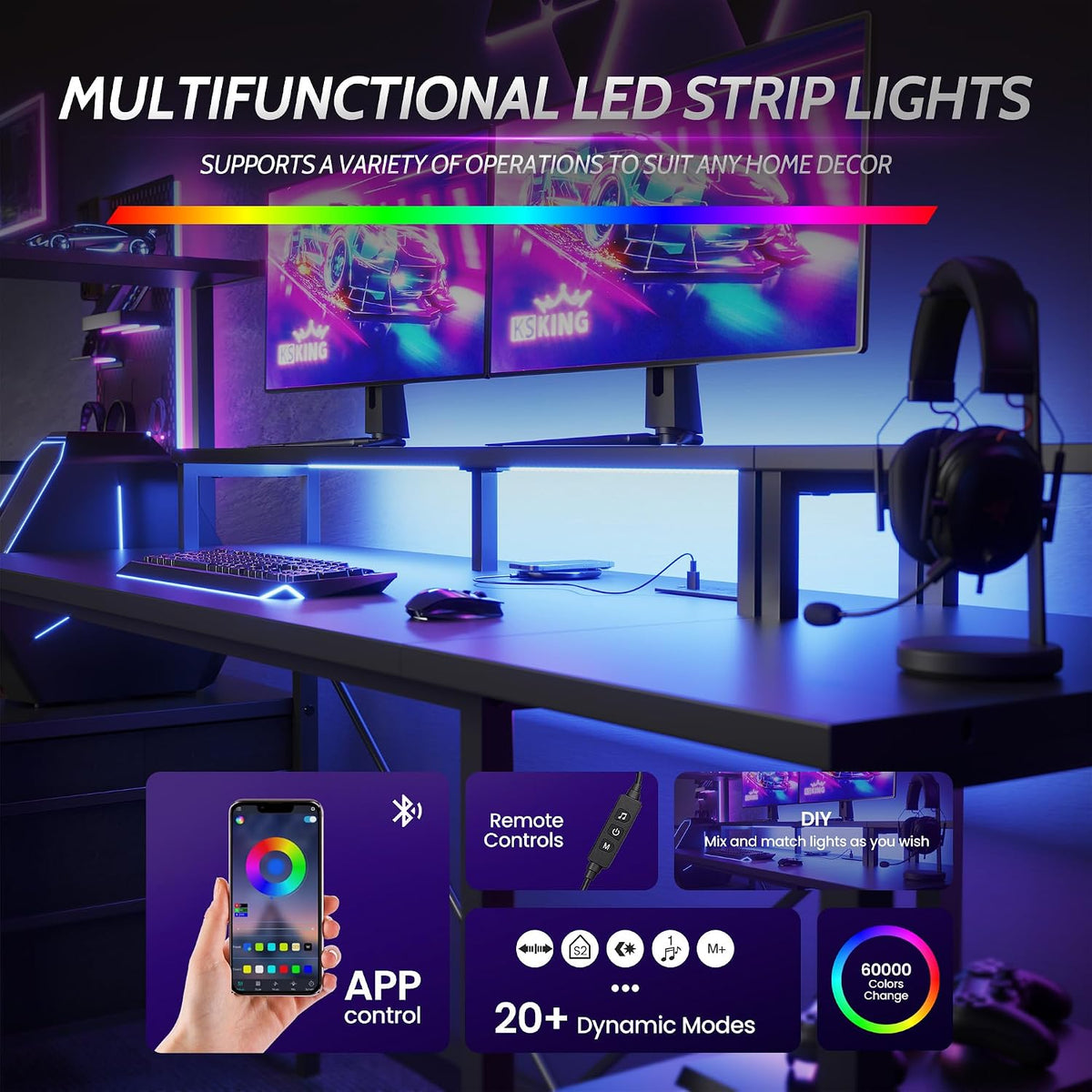 59 in Gaming Desk with Storage Drawers & Shelves, Reversible Computer Desk
