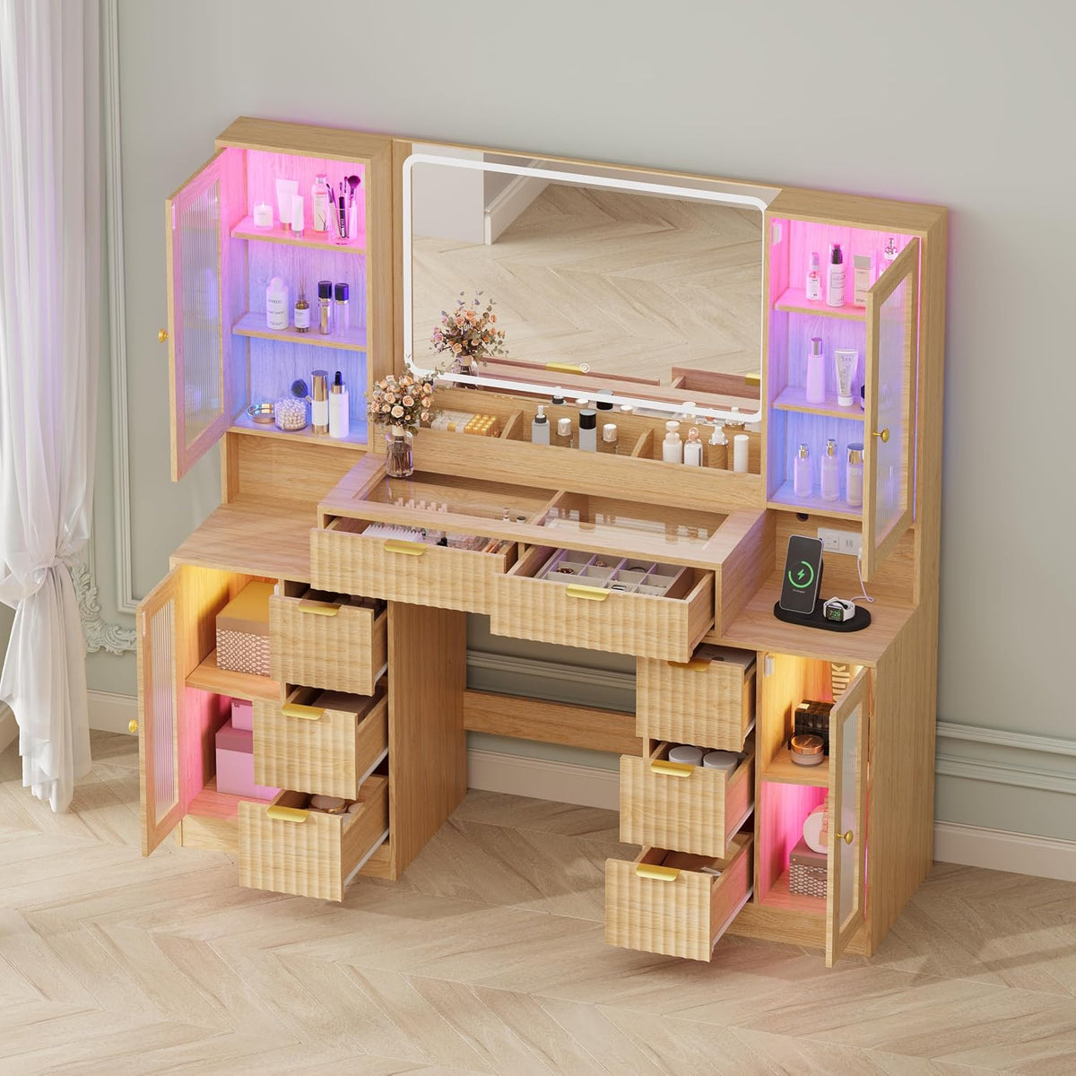 Fluted Makeup Vanity Desk with Mirror and Lights, 55" Glass Top Vanity w...