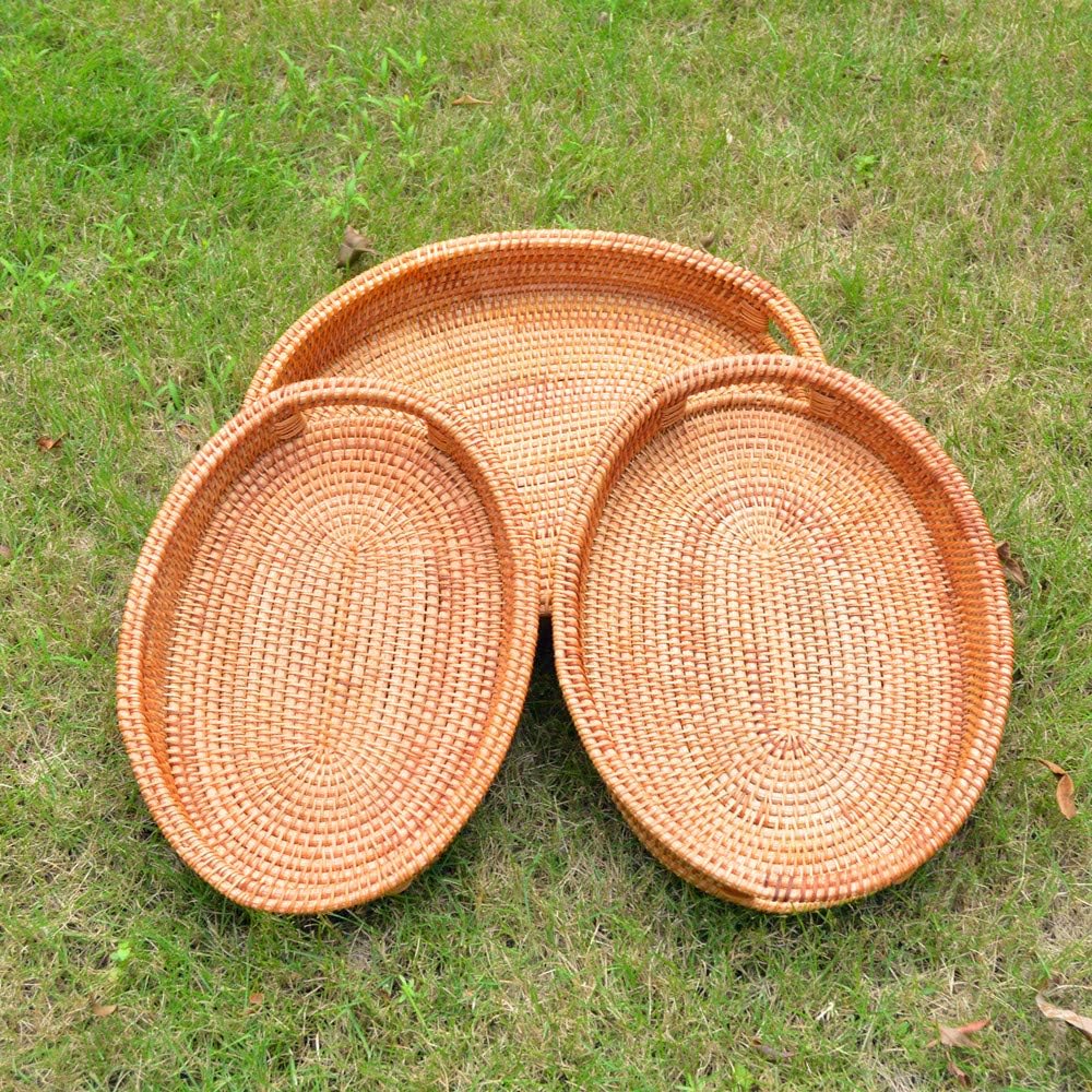 3 Pack Handmade Oval Woven Basket Tray, 15 Inch Rattan Storage Baskets with H...