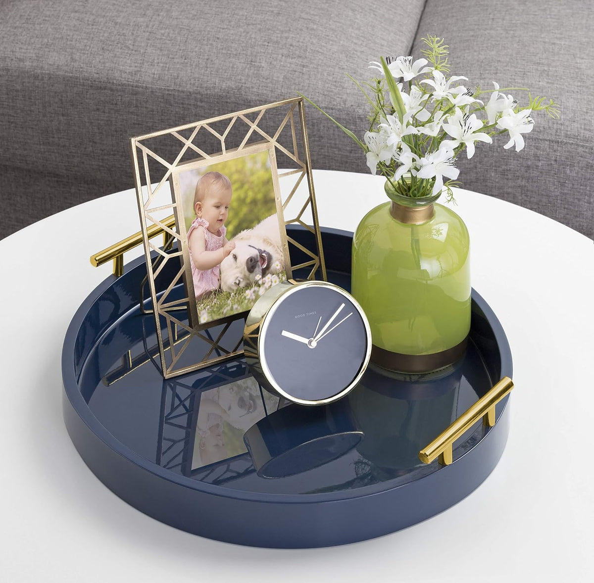 Kate and Laurel Lipton Modern Round Tray, 15.5" Diameter, Navy Blue and ...
