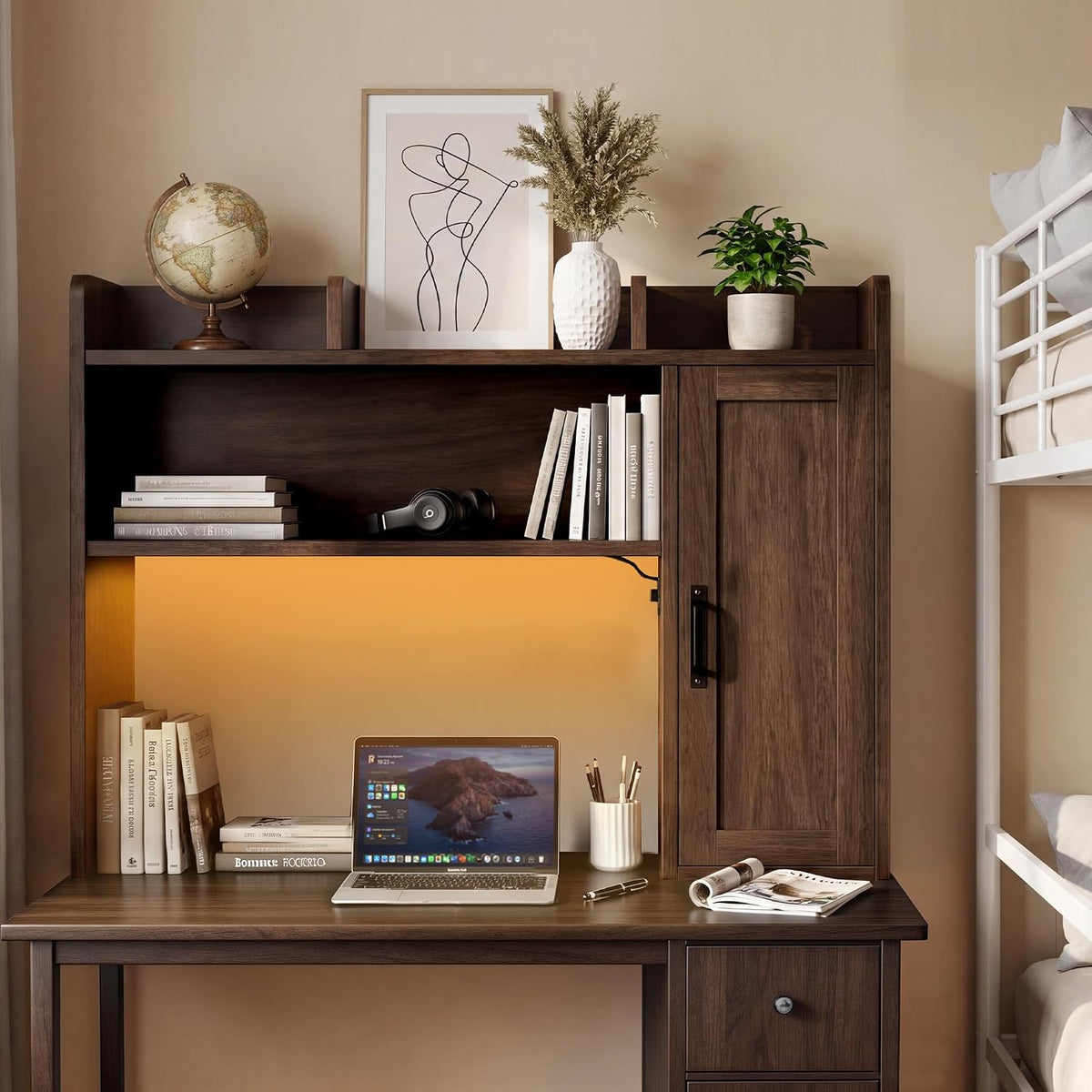 Desktop Bookshelf, Desk Hutch with RGB LED Lights & Power Outlets
